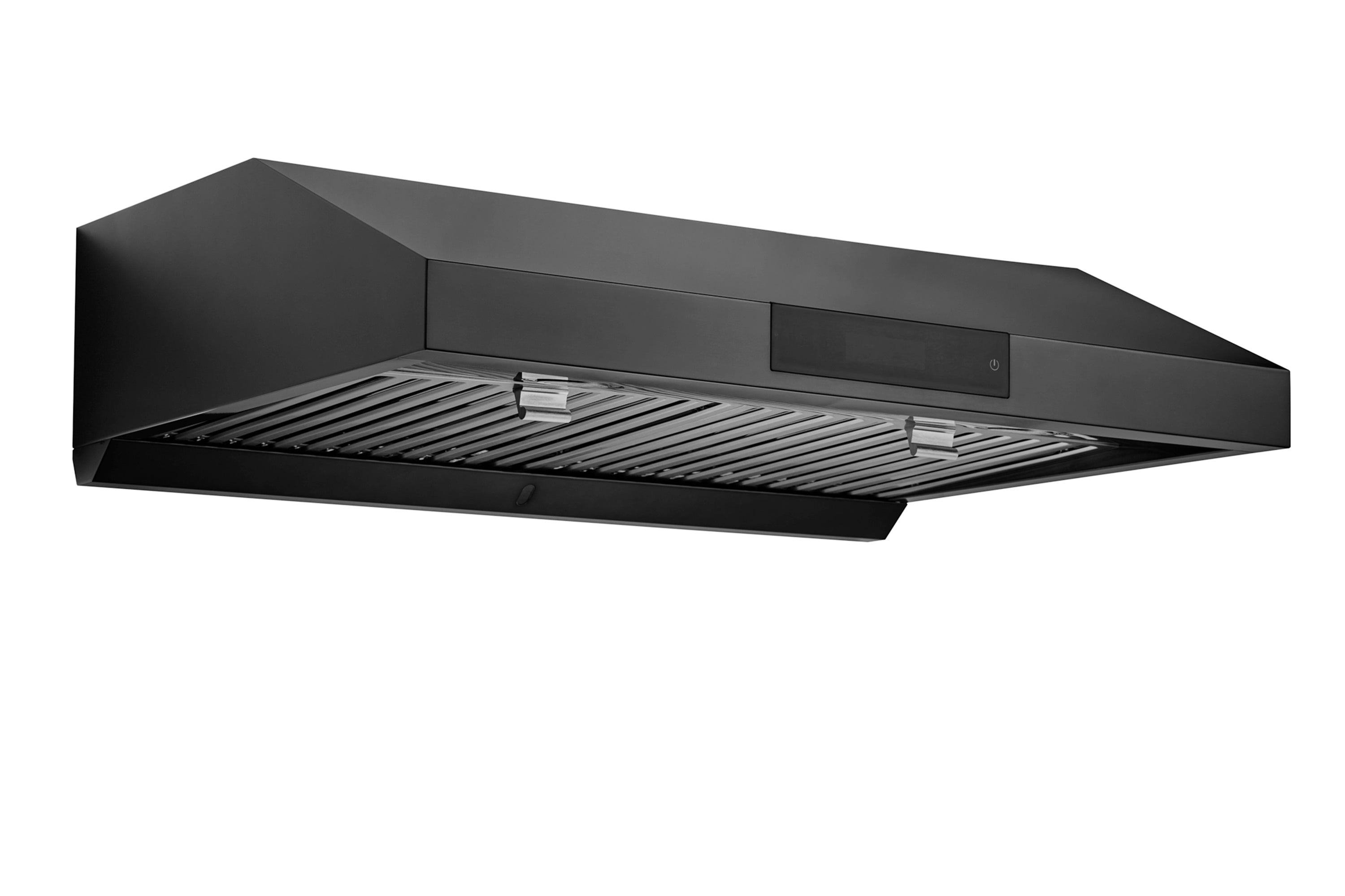 Black stainless under-cabinet range hood with vent opening and metal baffle filters