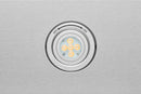 Round LED light cover with open/lock markings on under-cabinet range hood