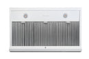 Light under-cabinet range hood front with two LED lights and vertical vent grille