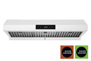 Stainless steel under-cabinet range hood with push-button control and vent grille.