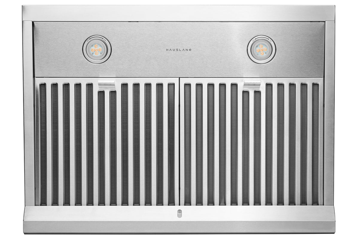 Stainless steel under-cabinet range hood with vented grille and LED control lights