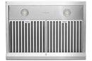 Stainless under-cabinet range hood with two round LED lights and vertical vent grille