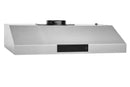 Stainless steel under-cabinet range hood side view with black display panel.