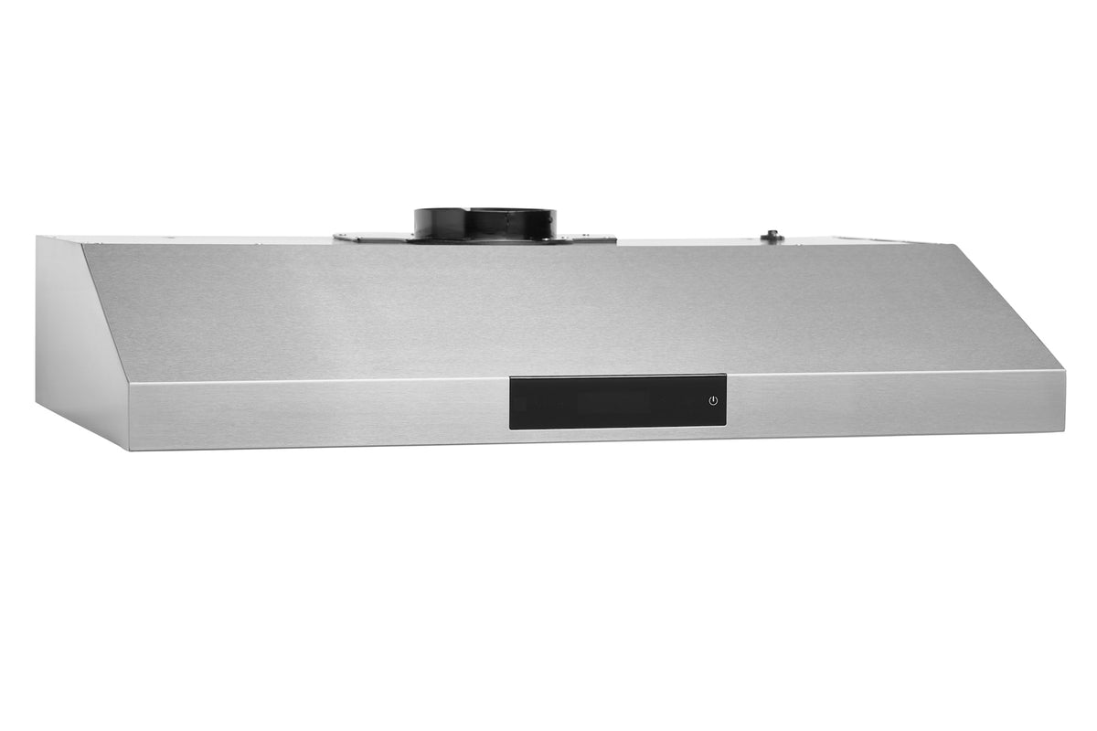 Stainless steel under-cabinet range hood from side angle with black front control panel.