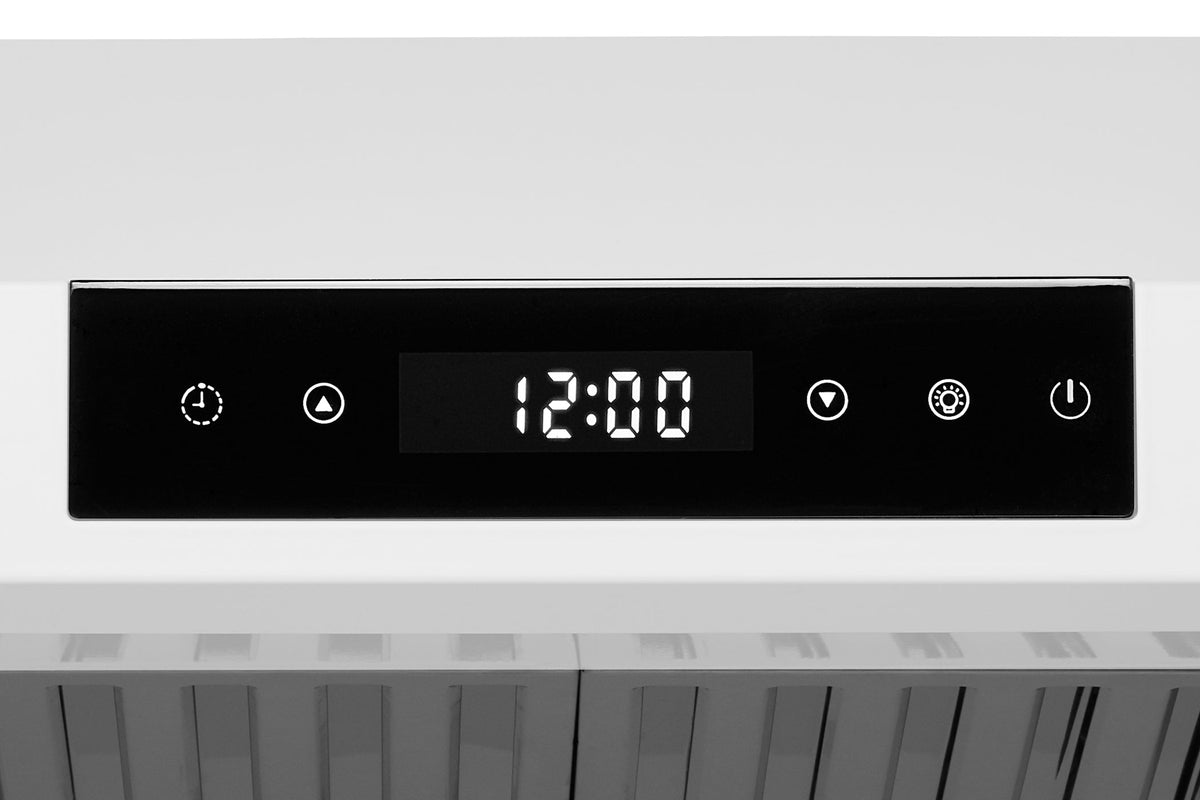 Under-cabinet range hood display panel with 12:00 time and touch icon controls.