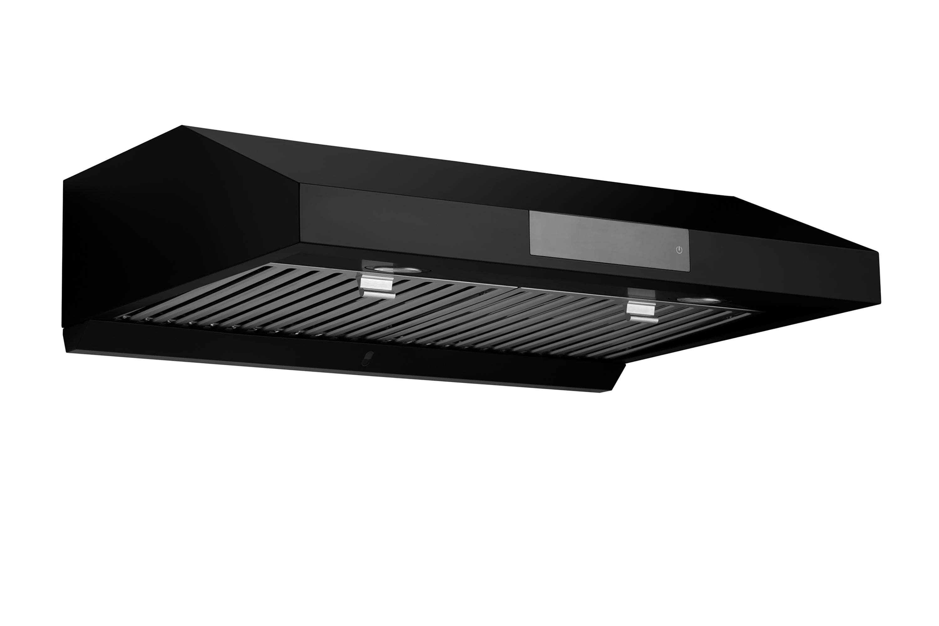 Black under-cabinet range hood with curved canopy and stainless vent grille