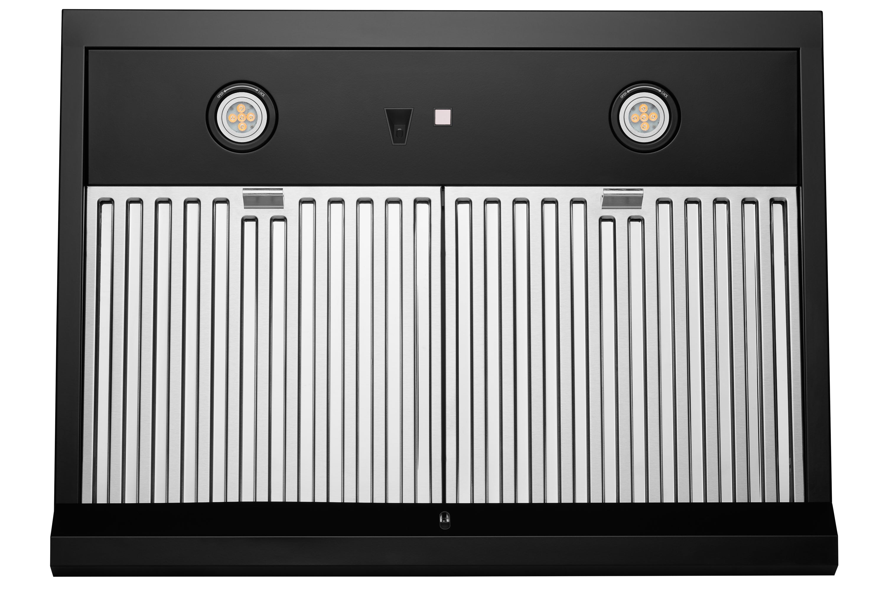 Matte black under-cabinet range hood with front vent slats and two side indicator lights