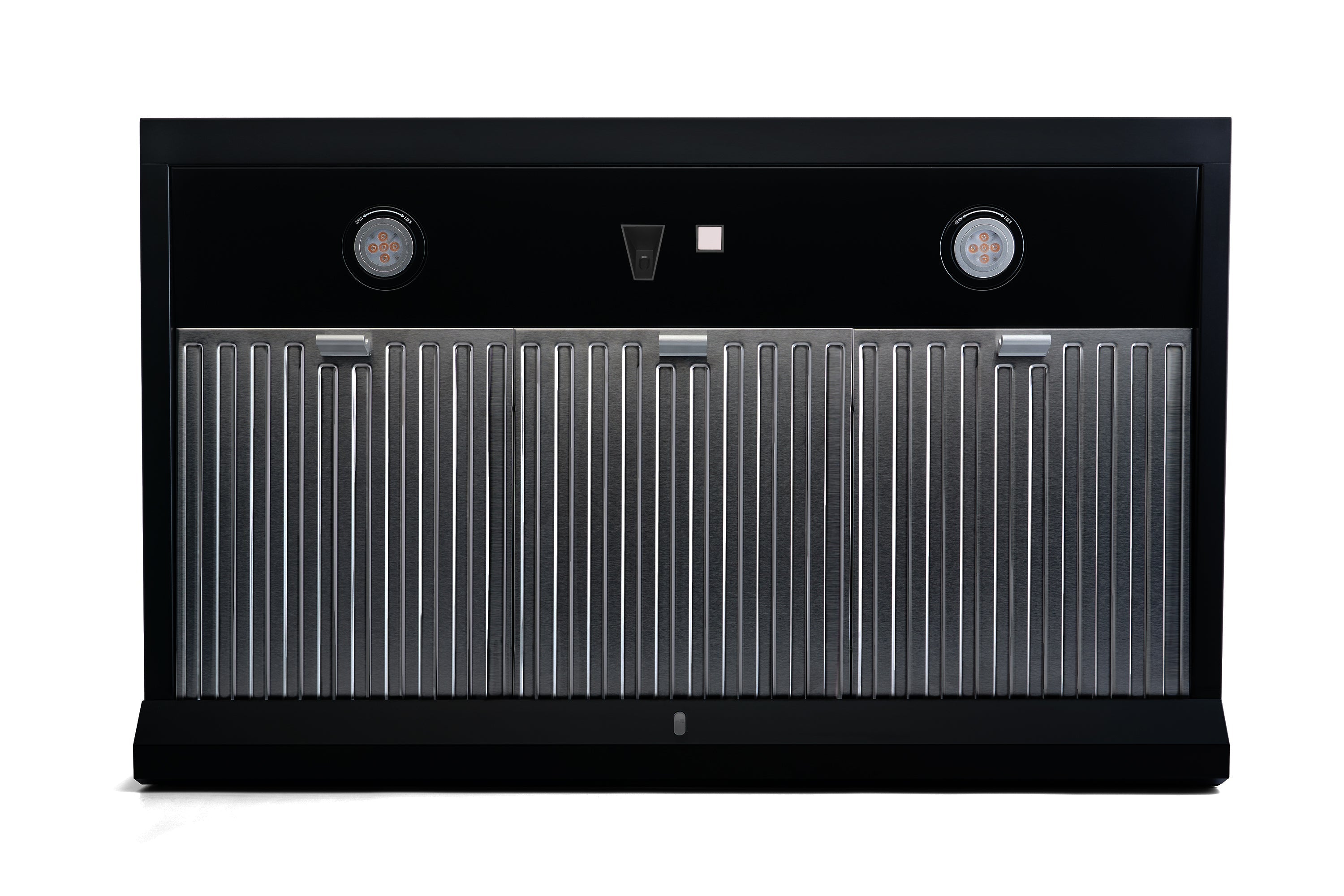 Matte black under-cabinet range hood front with vertical vent slats and central control