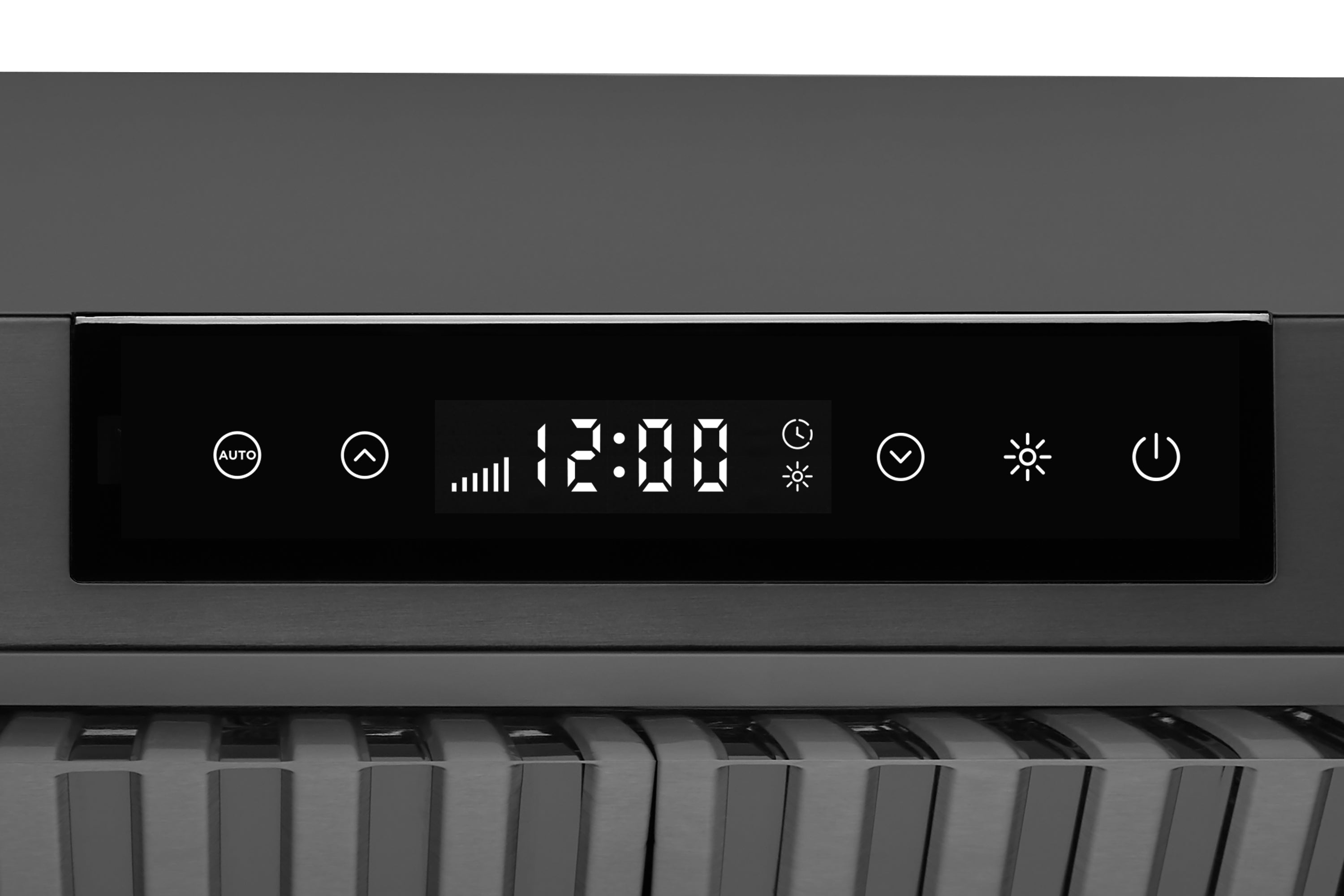 Under-cabinet range hood control panel with black glass and digital 12:00