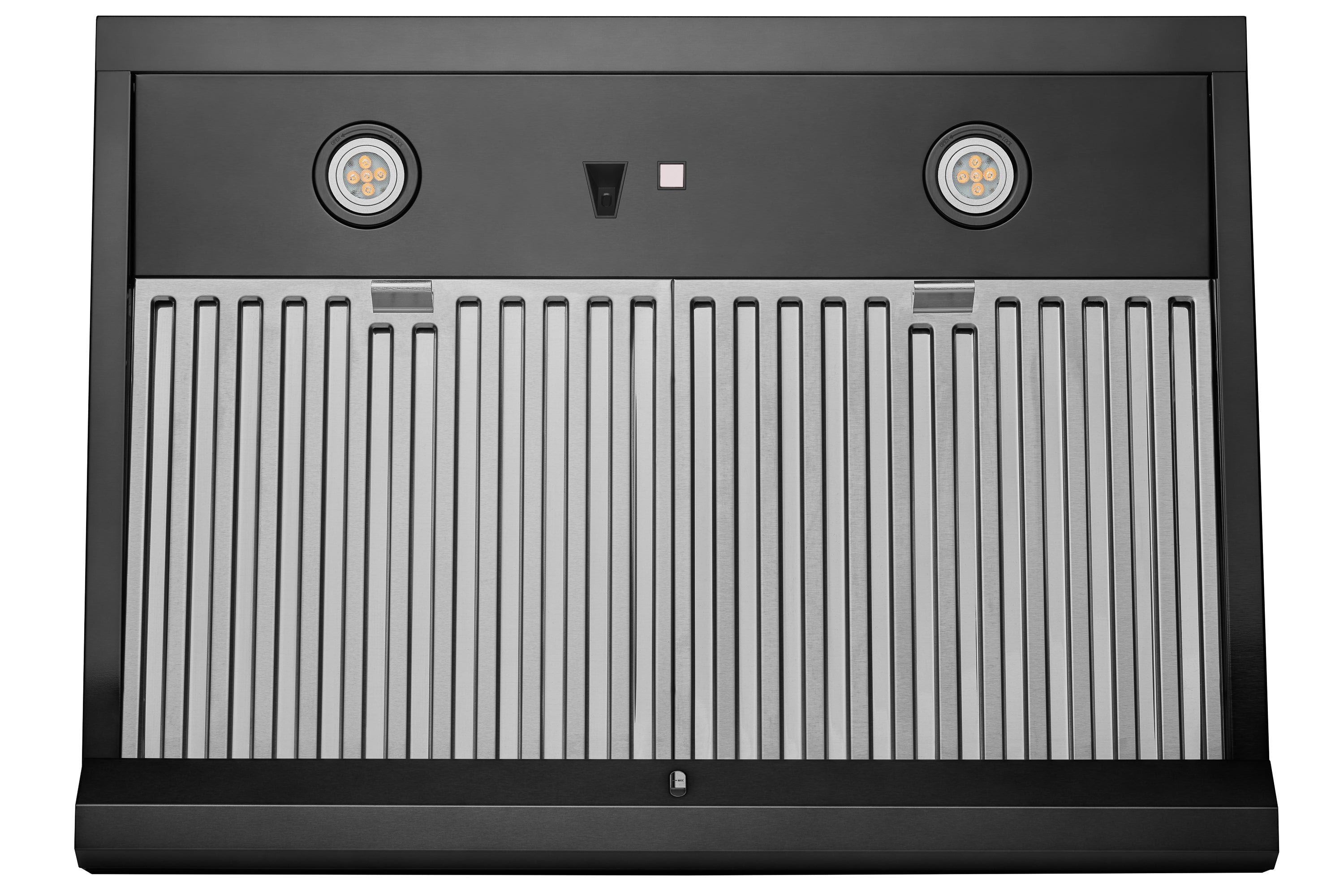 Matte black under-cabinet range hood front with vertical vent slats and two circular lights