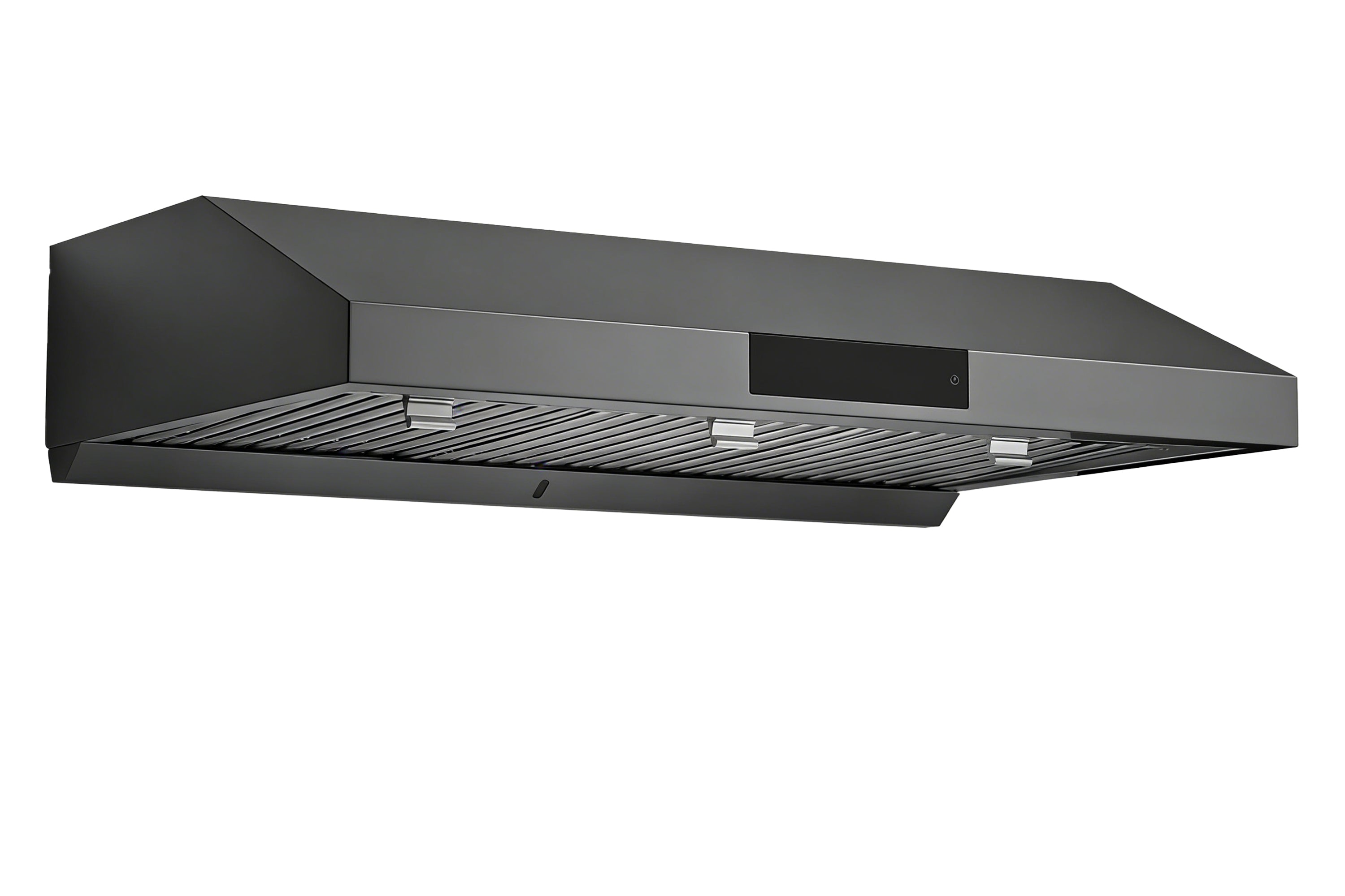 Matte black under-cabinet range hood with curved canopy and vent grille