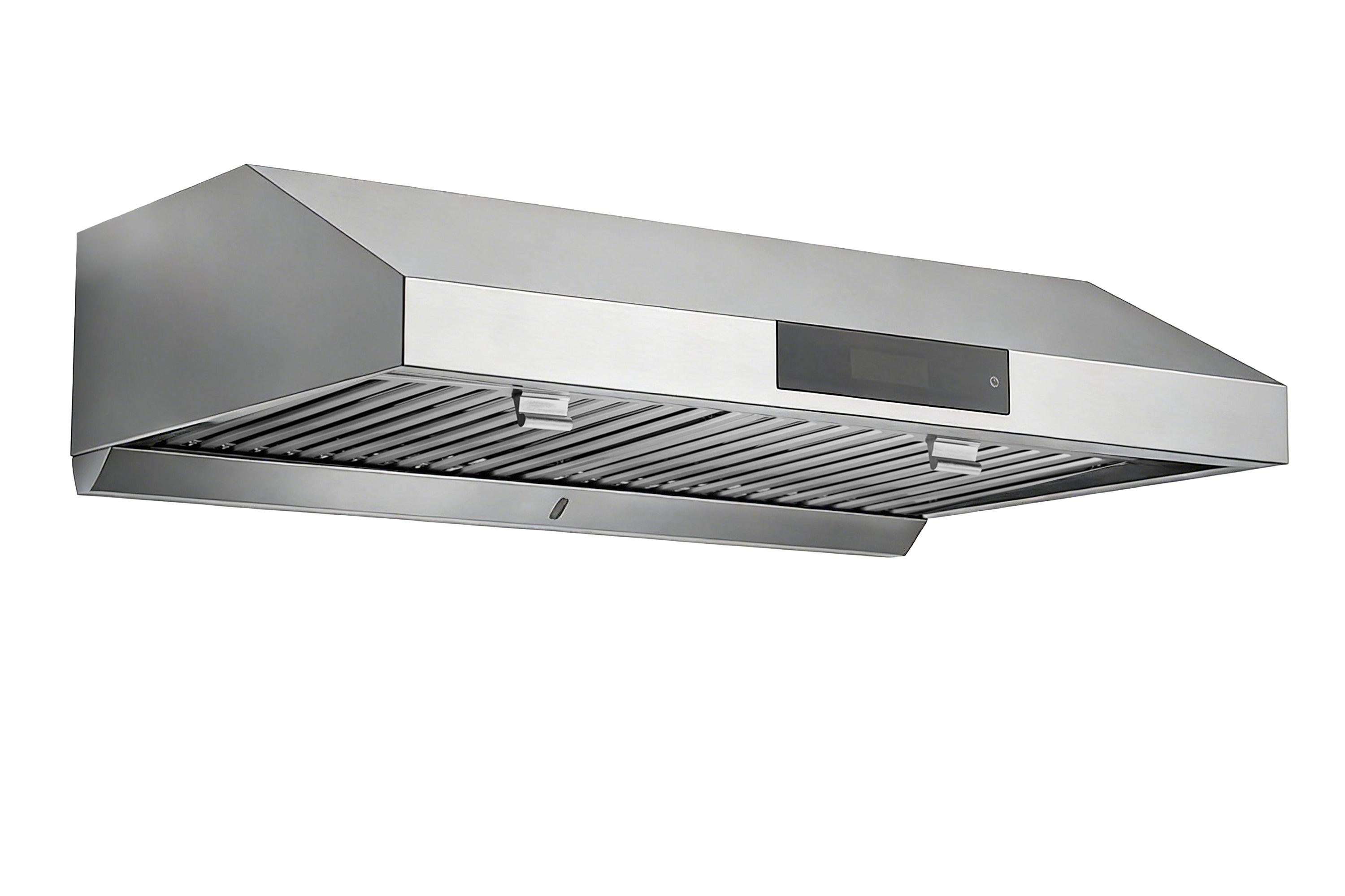 Stainless steel under-cabinet range hood with curved canopy and vent grille