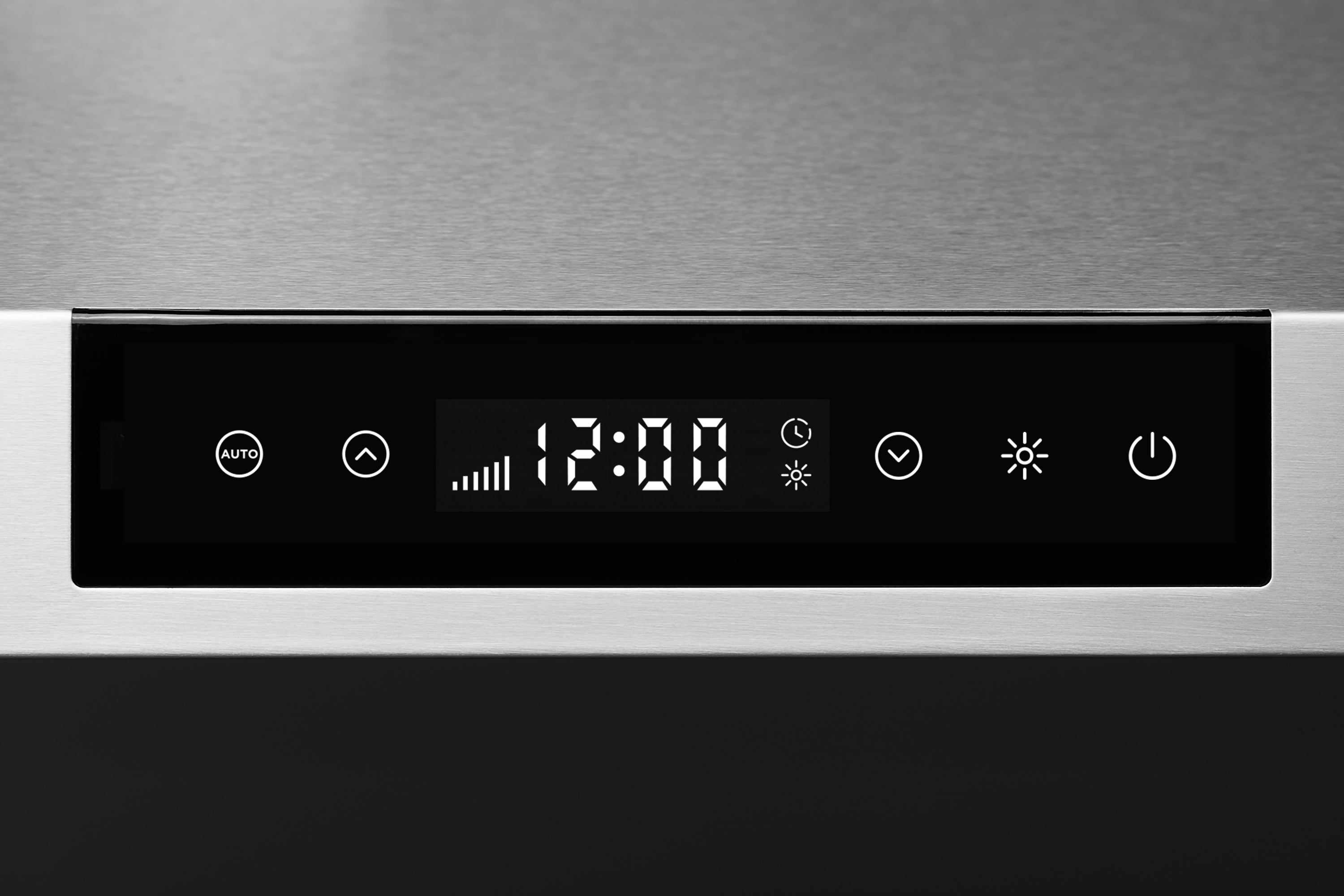 Stainless steel range hood control panel with illuminated digital display