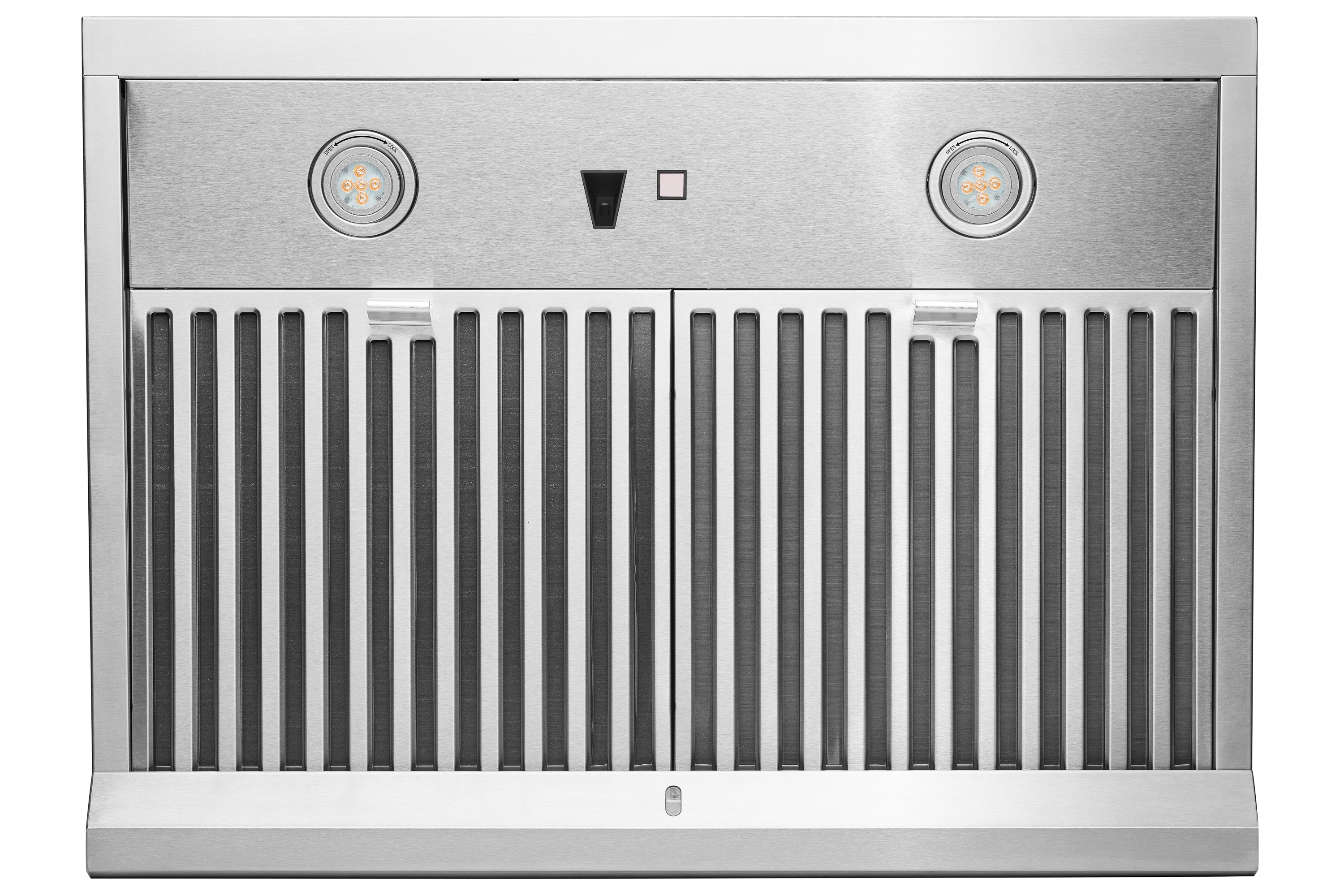 Stainless under-cabinet range hood with vertical vent slats and twin circular lights
