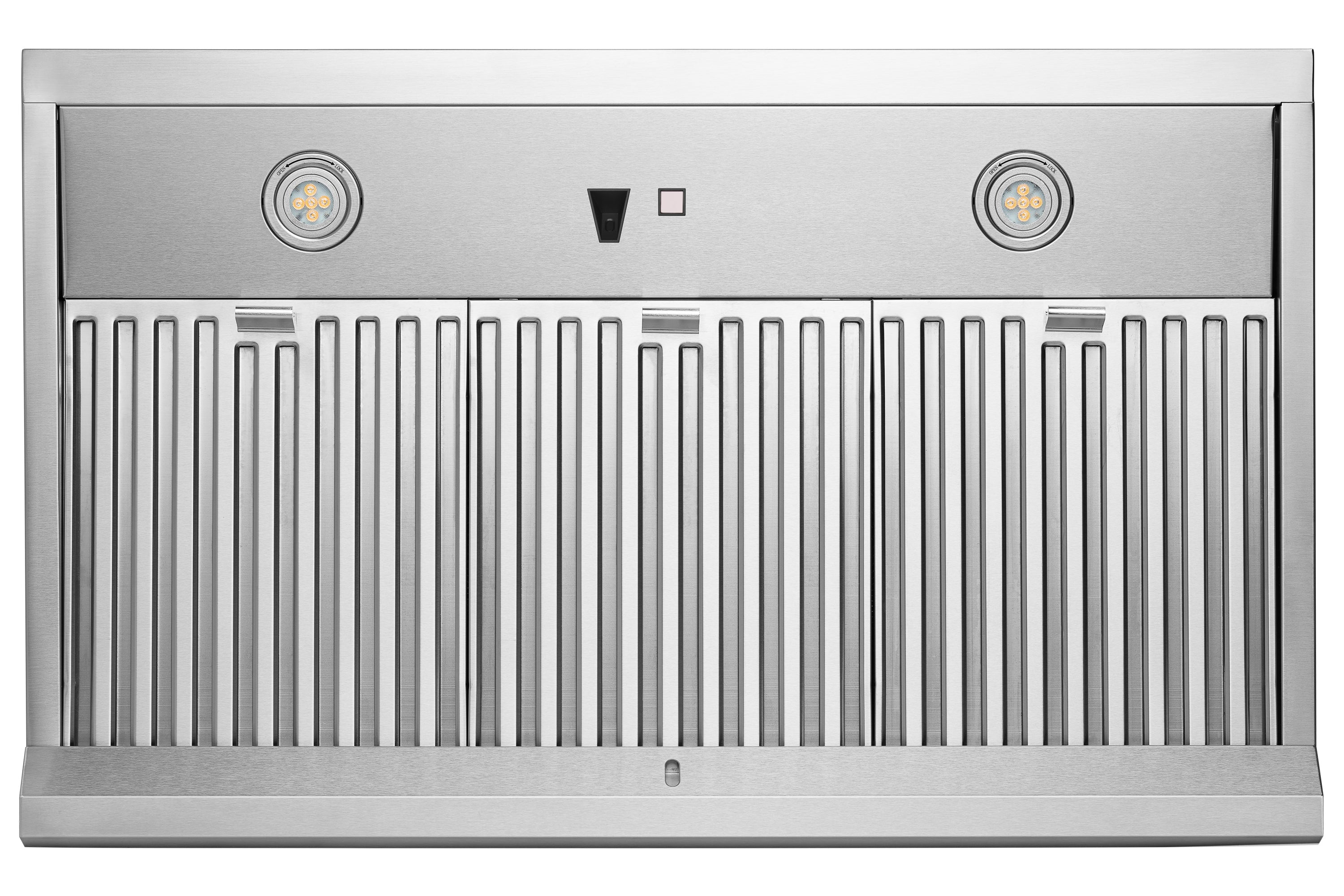 Stainless under-cabinet range hood front view with vent slats and control icons