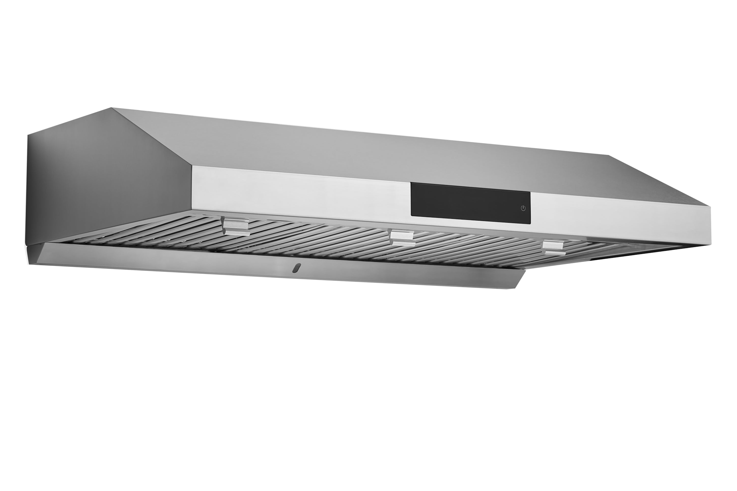Matte black under-cabinet range hood with curved canopy and vent grille