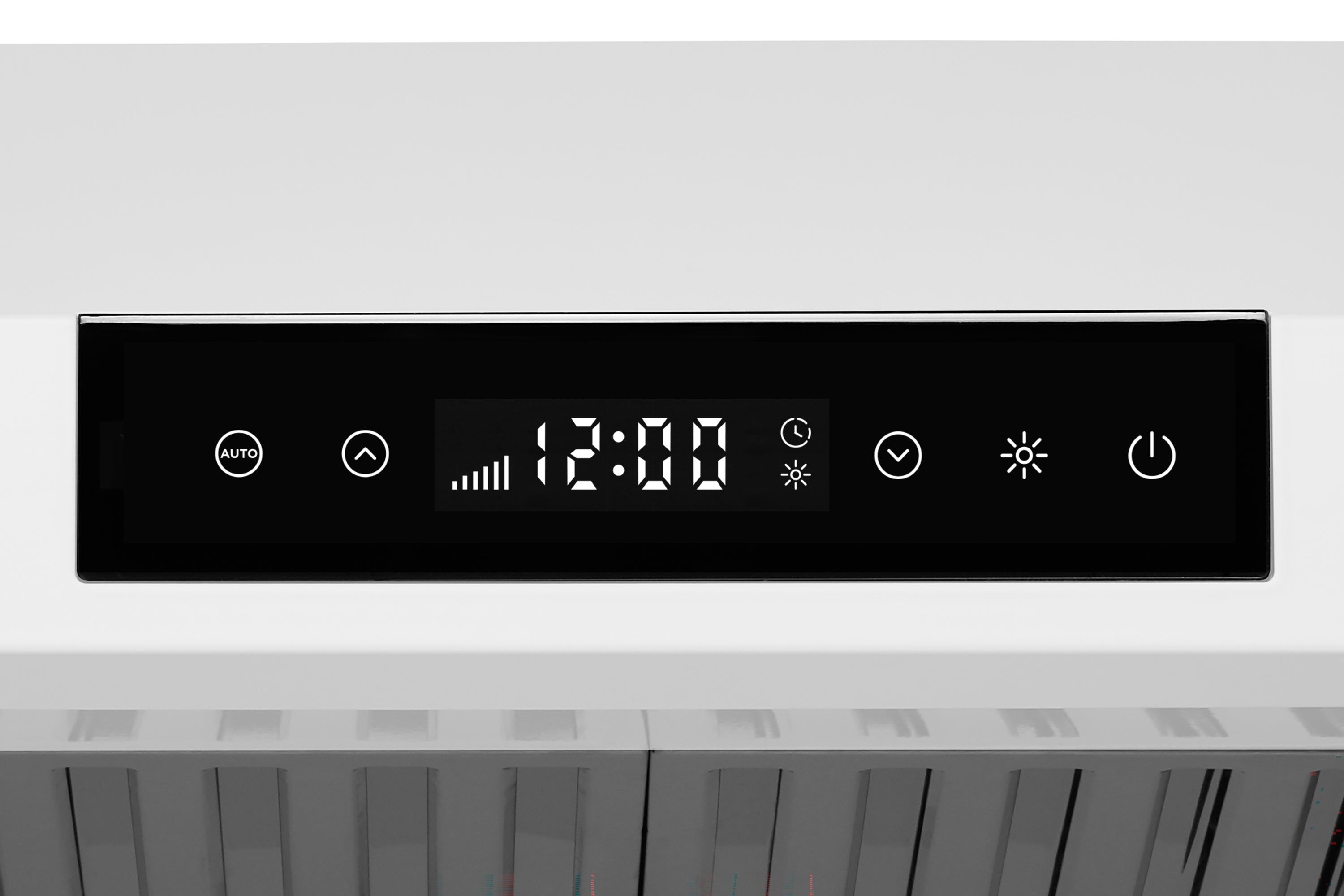 Under-cabinet range hood front with black panel, clock-style digital display