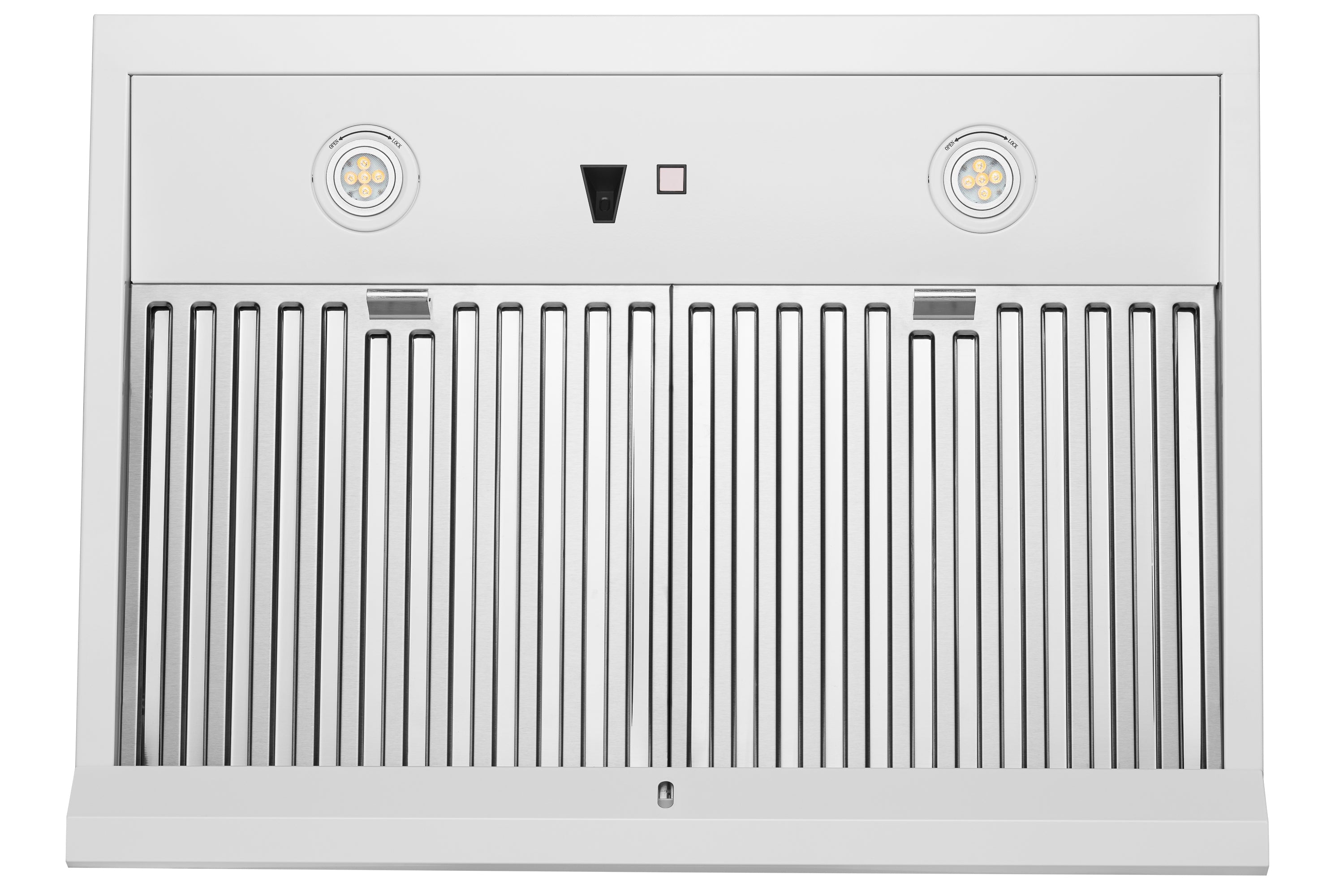 Matte white under-cabinet range hood with vertical vent slats and two circular lights