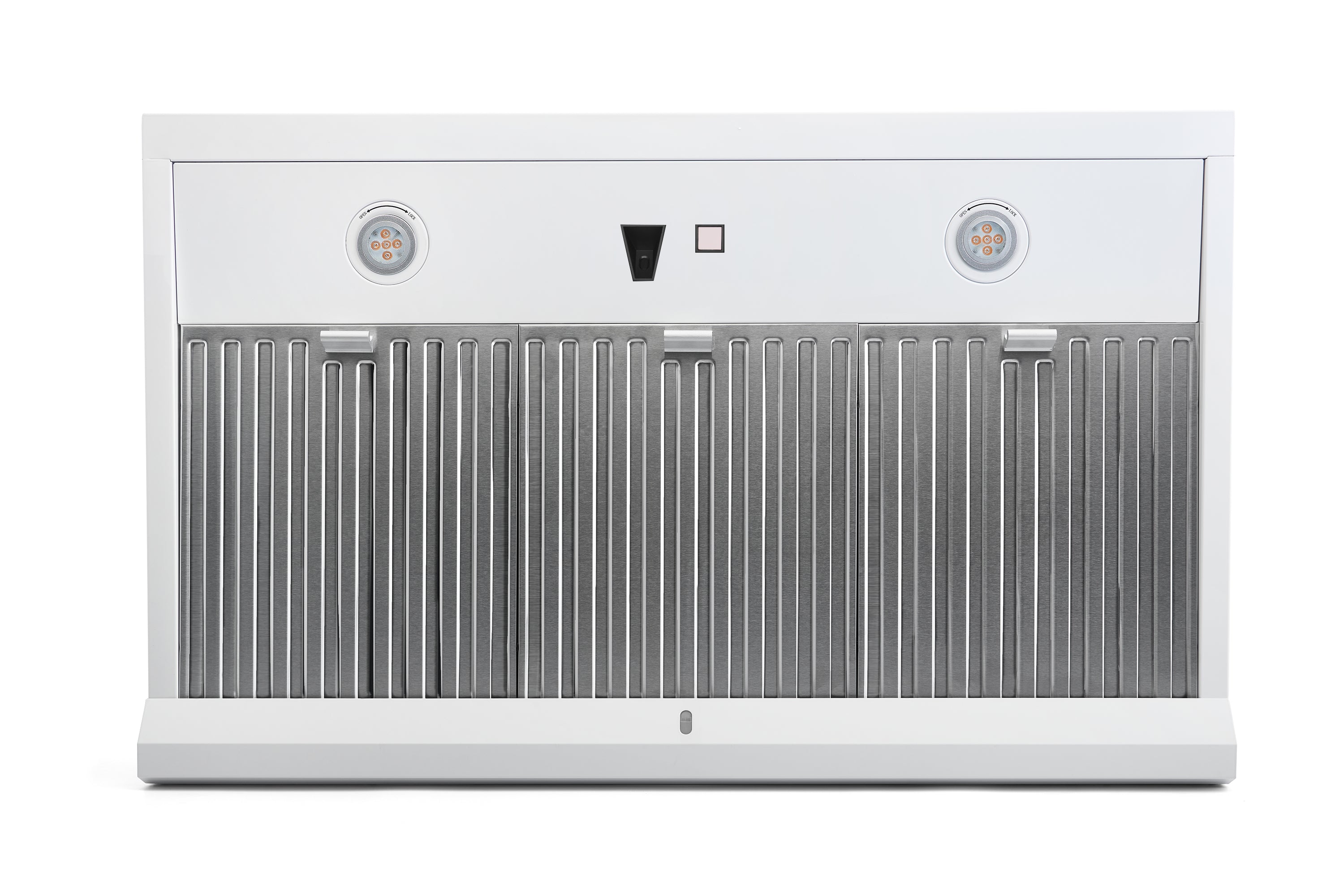 Matte white under-cabinet range hood front with vent slats and central icon controls