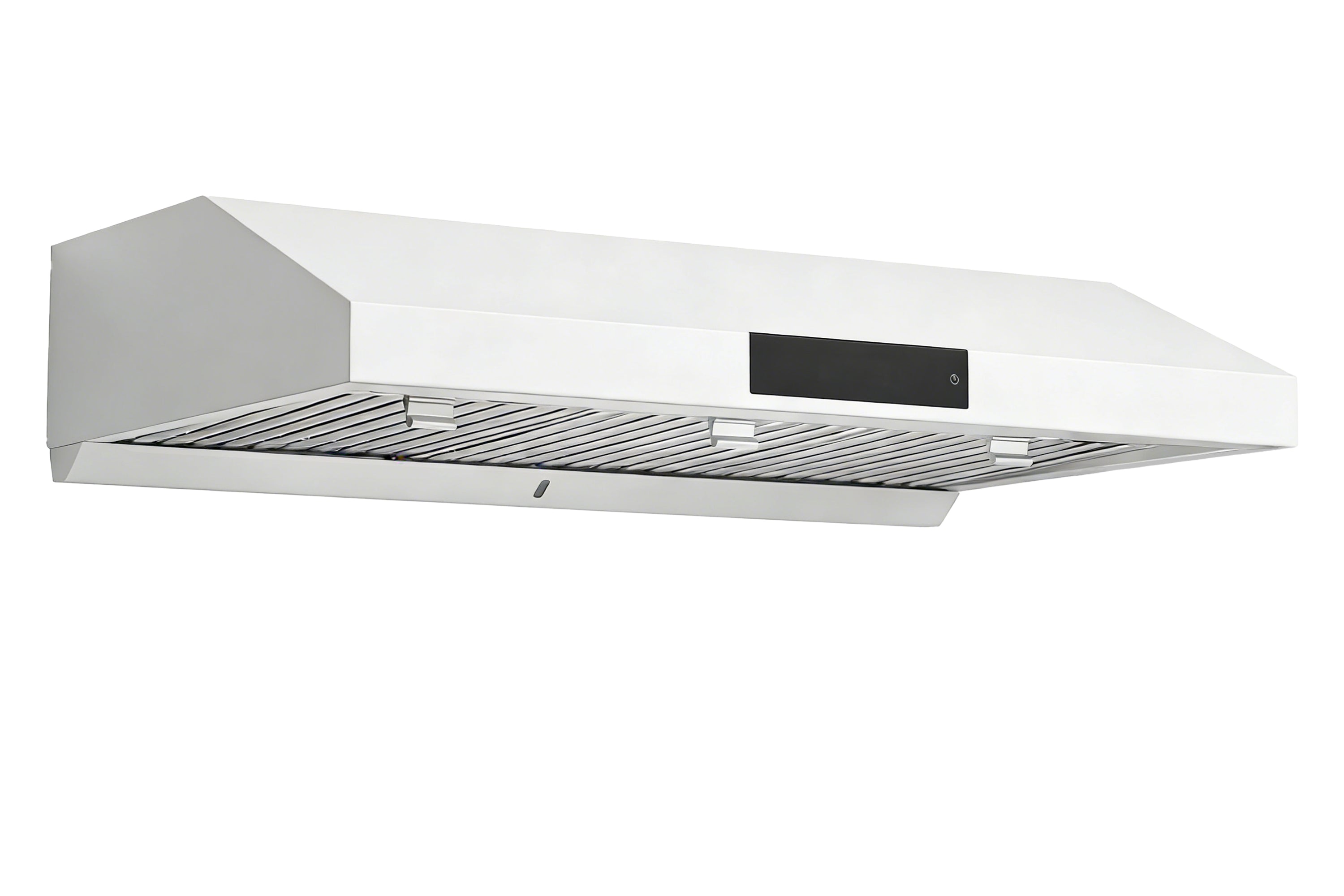 White under-cabinet range hood with curved canopy and vent grille