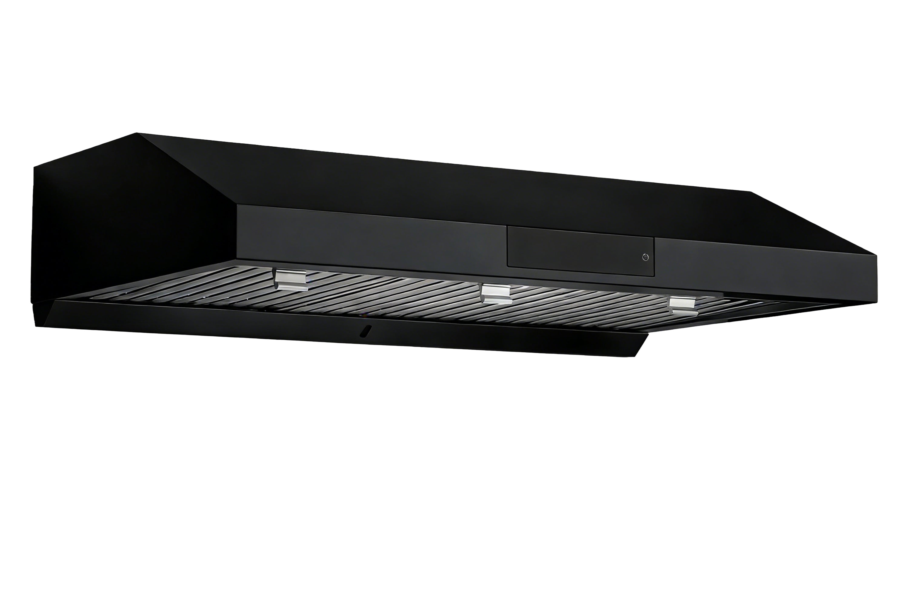 Matte black under-cabinet range hood with front vent slats and side profile
