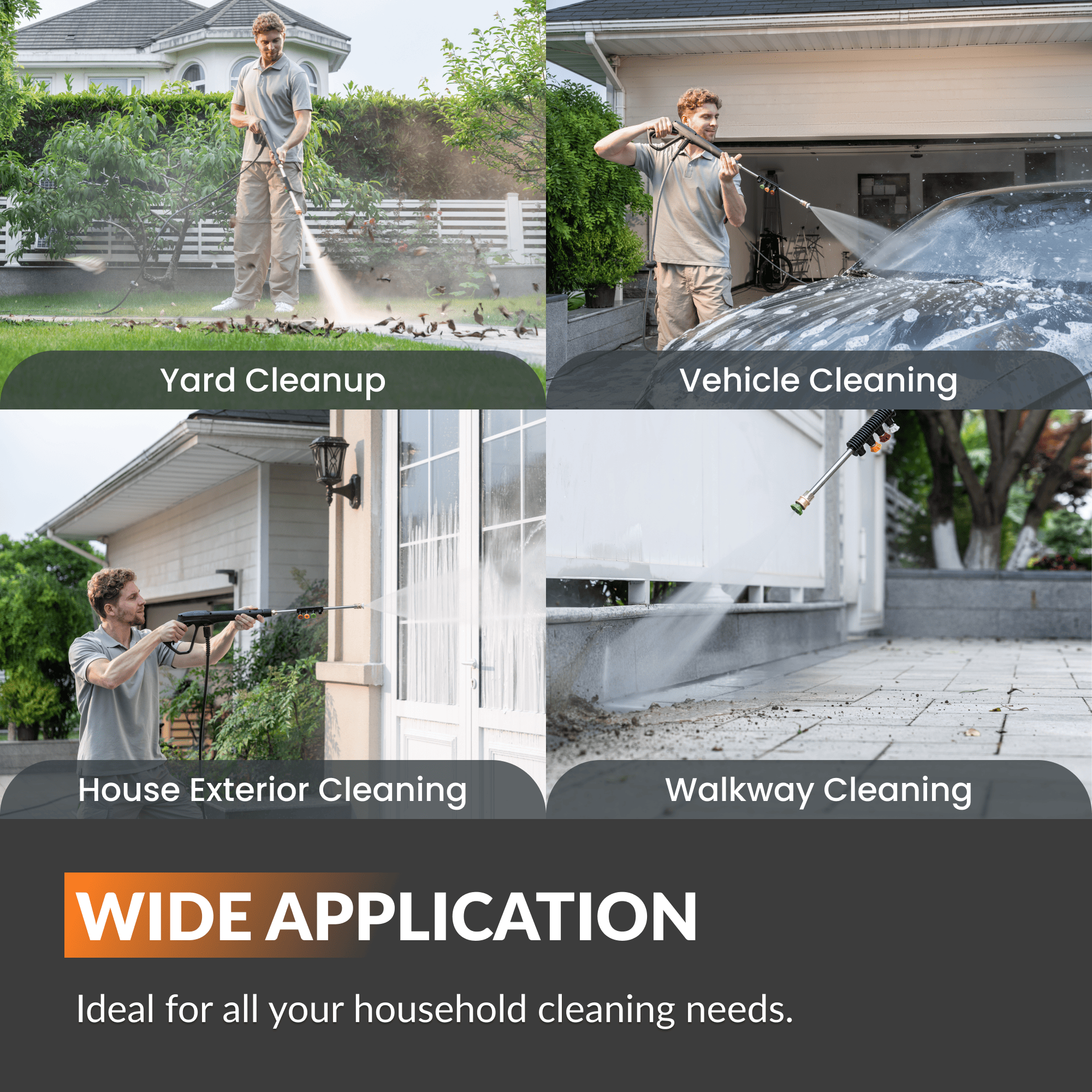 Retractable pressure washer spraying a driveway, yard, and house exterior in multiple positions