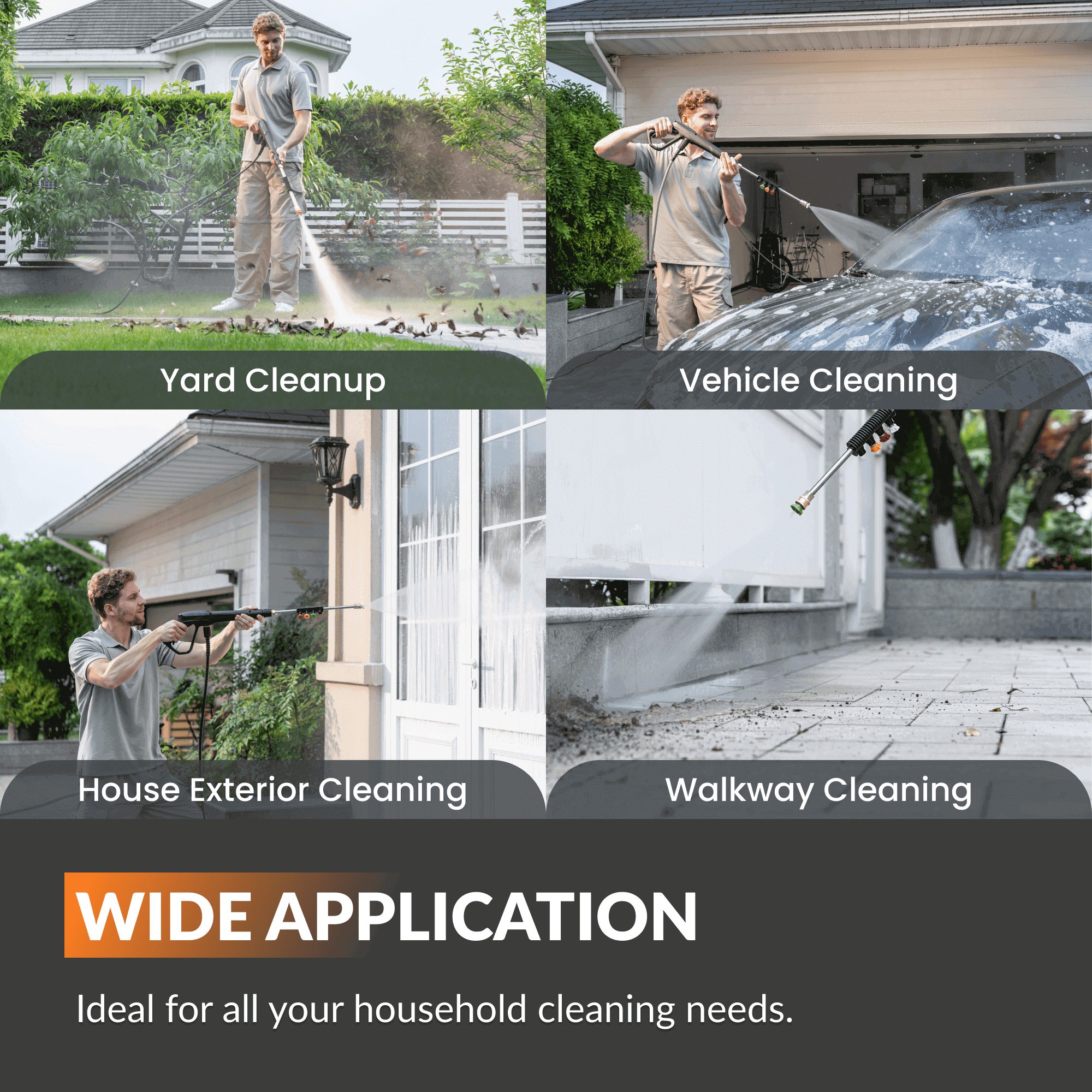 Retractable pressure washer cleaning multiple areas including yard and vehicle exteriors