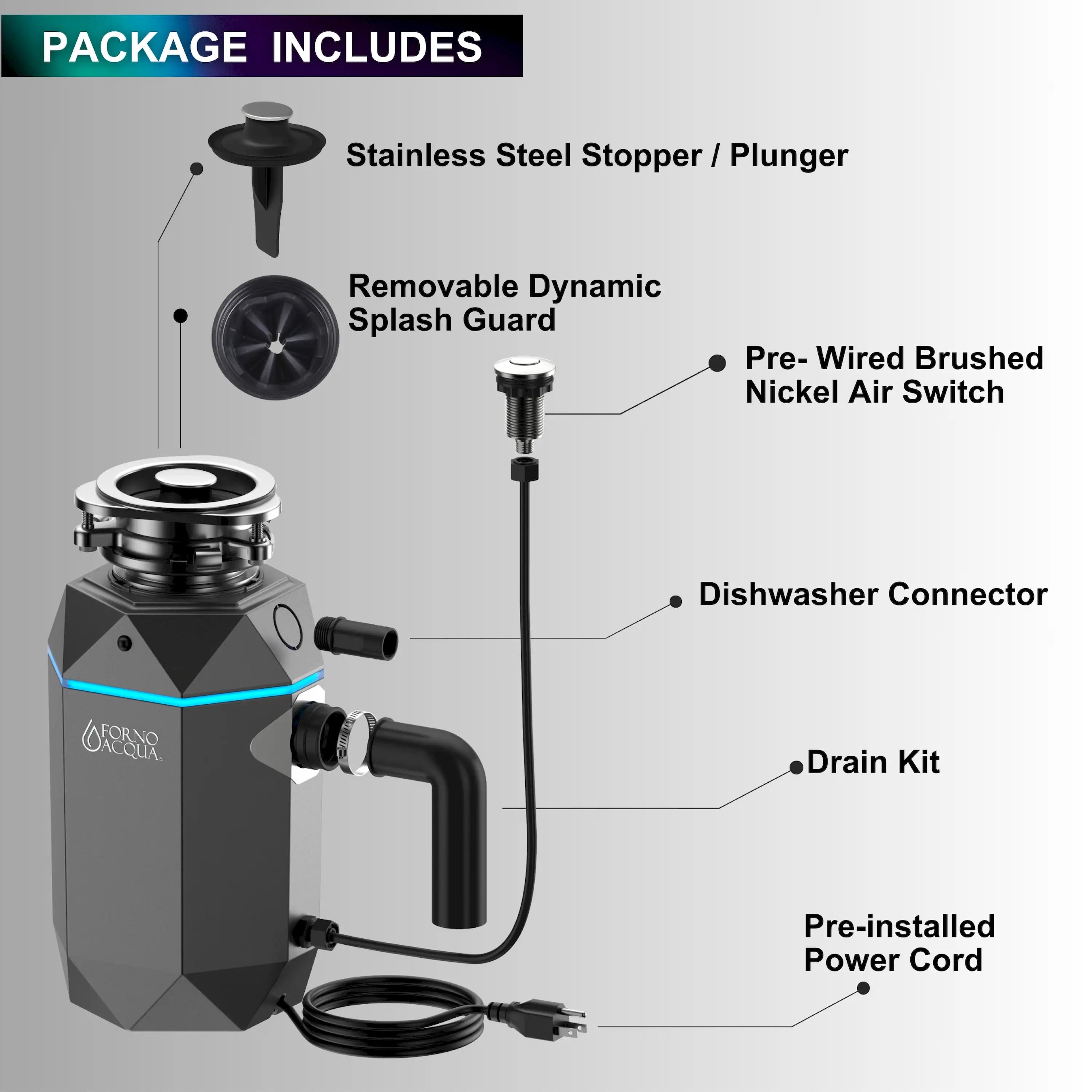 Garbage disposal with splash guard, plunger stopper, and pre-wired air switch components