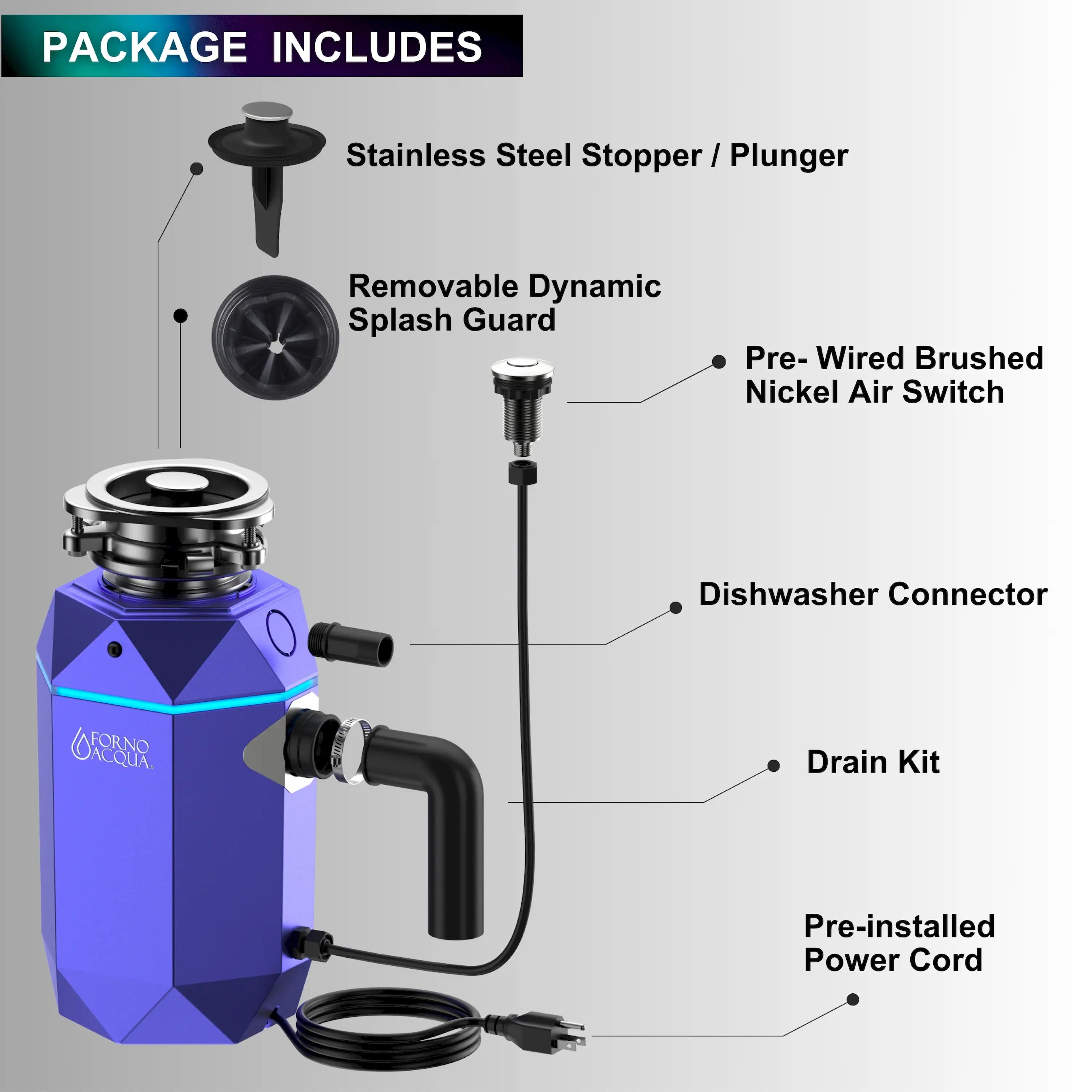 Purple garbage disposal unit with included components diagram and pre-installed power cord