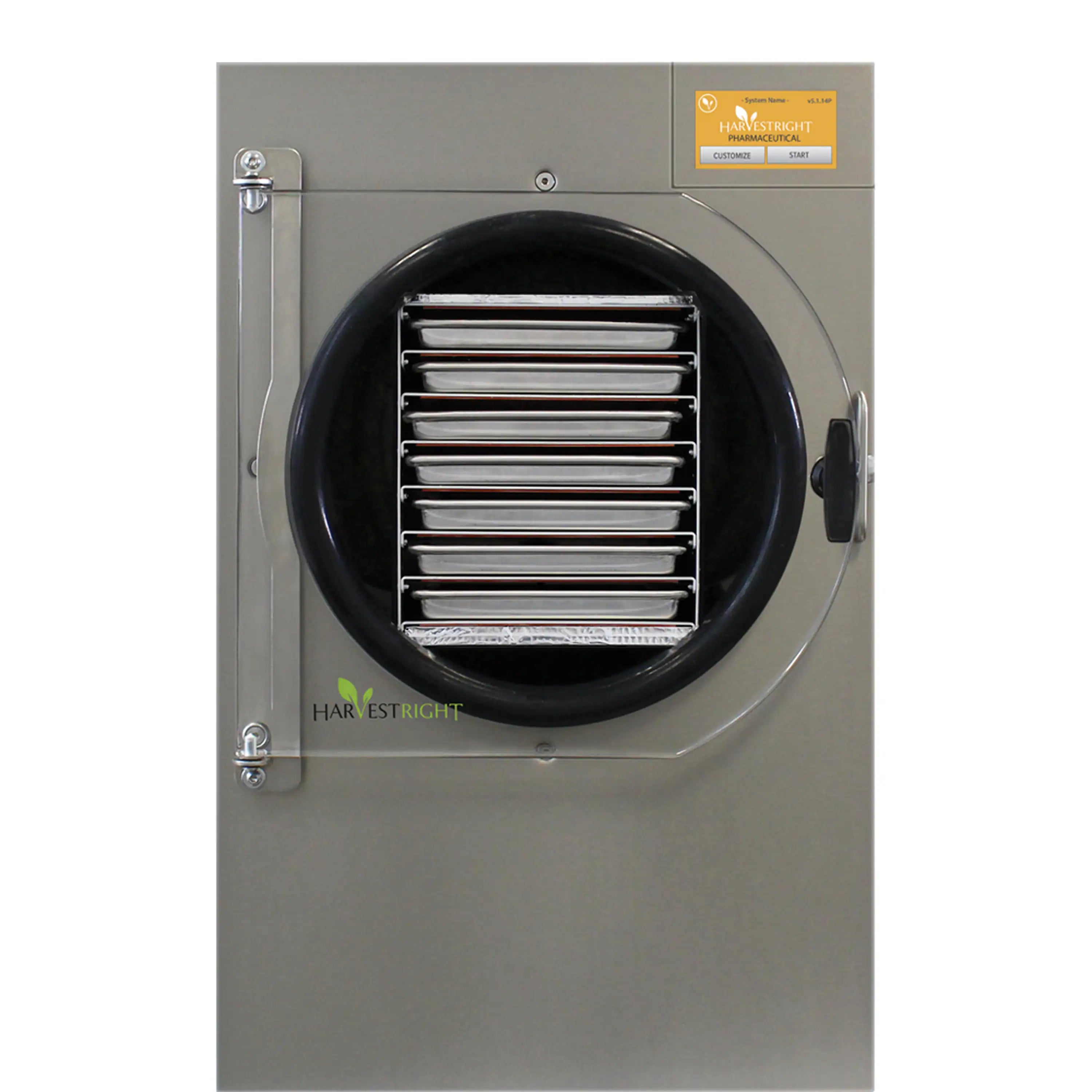 Stainless steel freeze dryer door with circular vent and horizontal tray racks