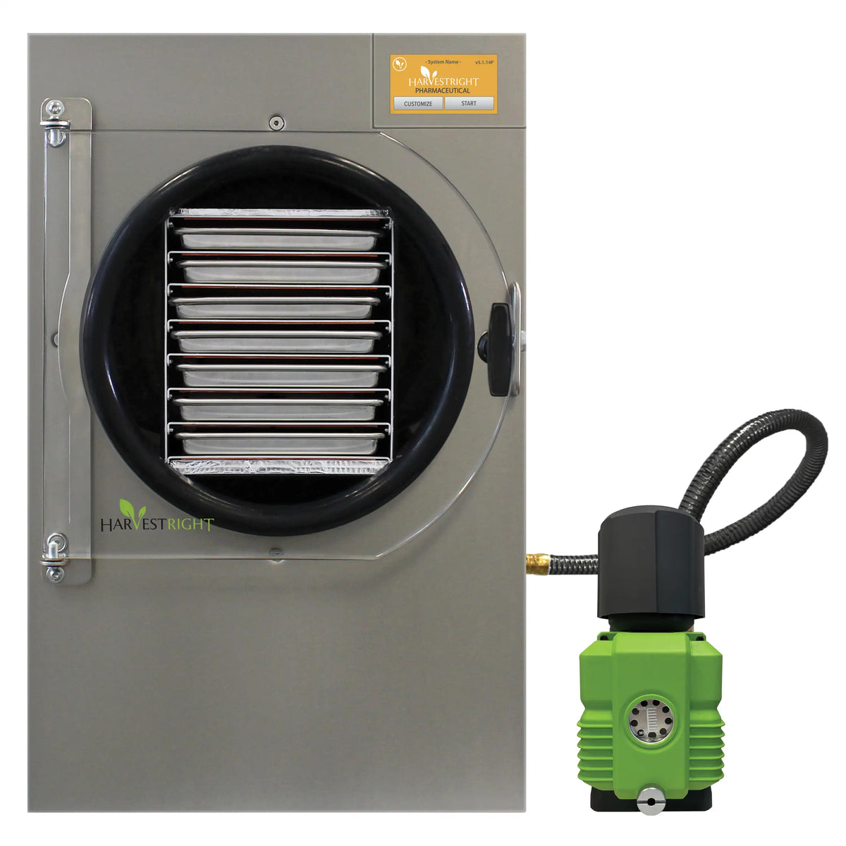 Freeze dryer vent door with connected vacuum pump unit and green motor