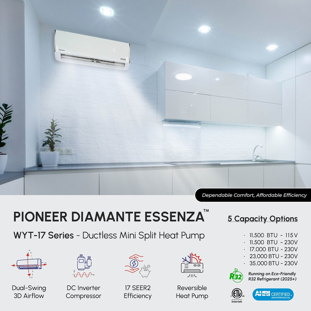 Ductless mini-split indoor unit mounted high on a modern kitchen wall