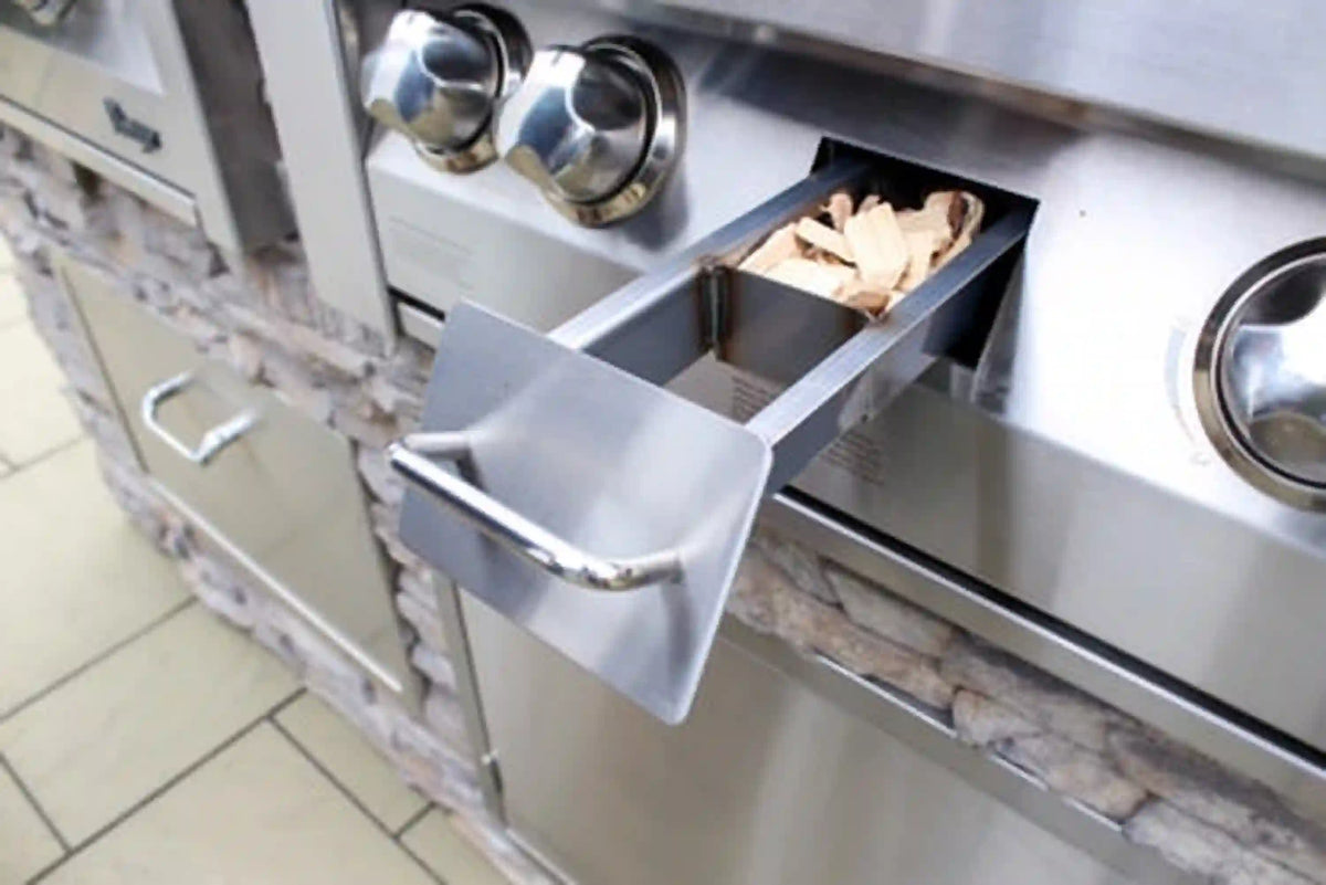 Stainless steel grill side shelf with attached storage bin and utensil holder