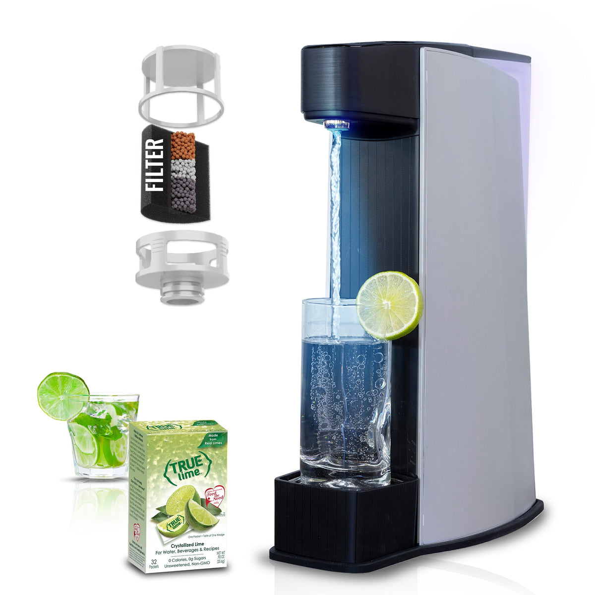 White and black sparkling water maker with glowing UV light, lemon water, filter parts