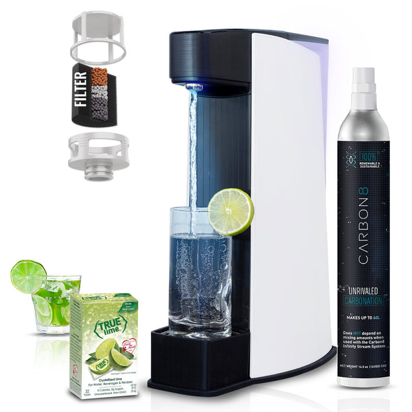Carbon8 Kit - One Touch Sparkling Water Maker + Filter & Lemon8 + Co2 Cylinder - White