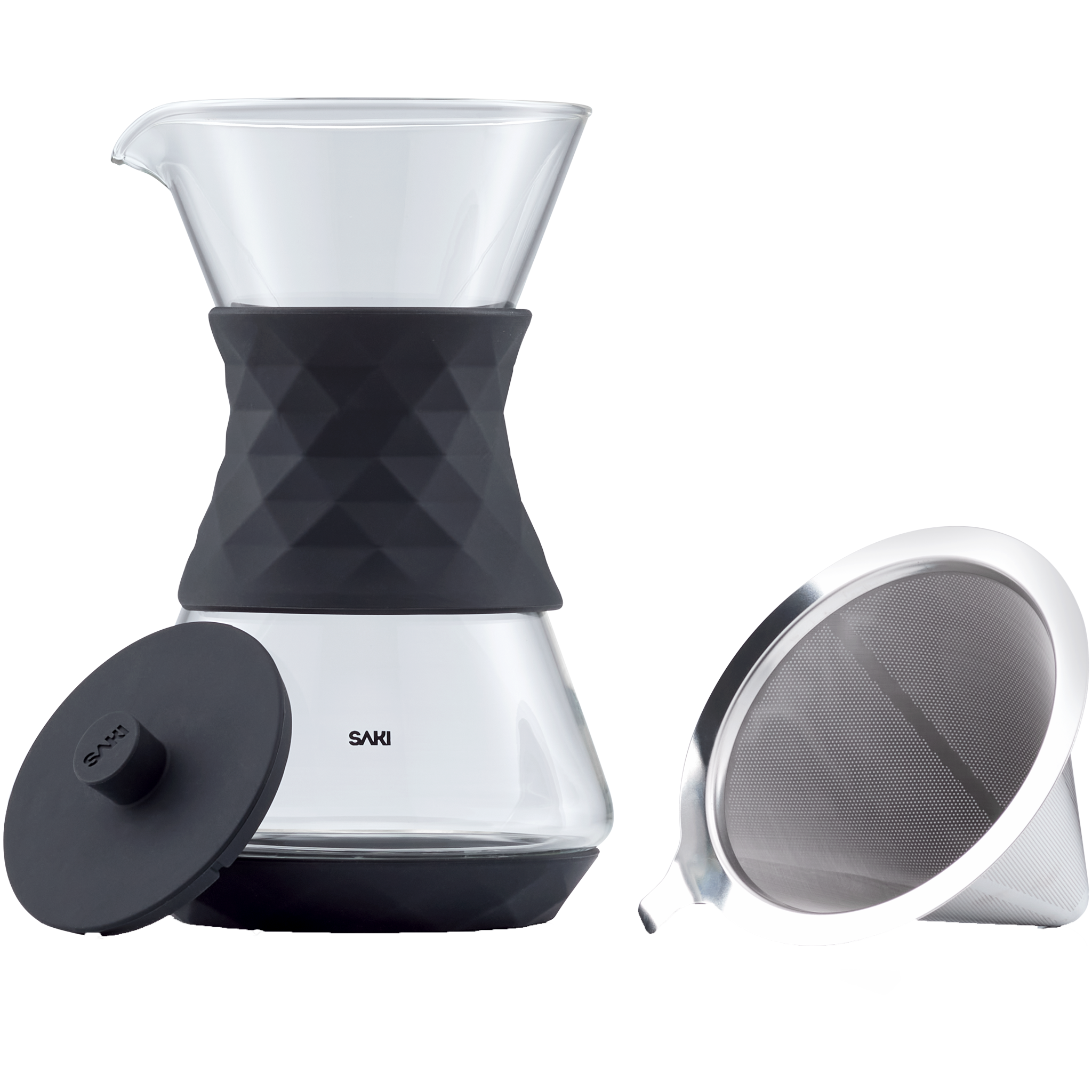 SAKI pour-over coffee maker with silicone lid and stainless steel mesh filter