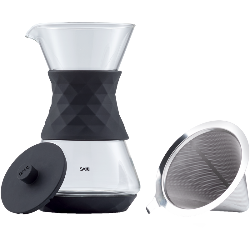 SAKI Pour Over Coffee Maker with Double Layer Stainless Steel Filter, Silicone Lid, Coffee Dripper Brewer, Heat Resistant Borosilicate Pour Over Carafe, 24 Ounce