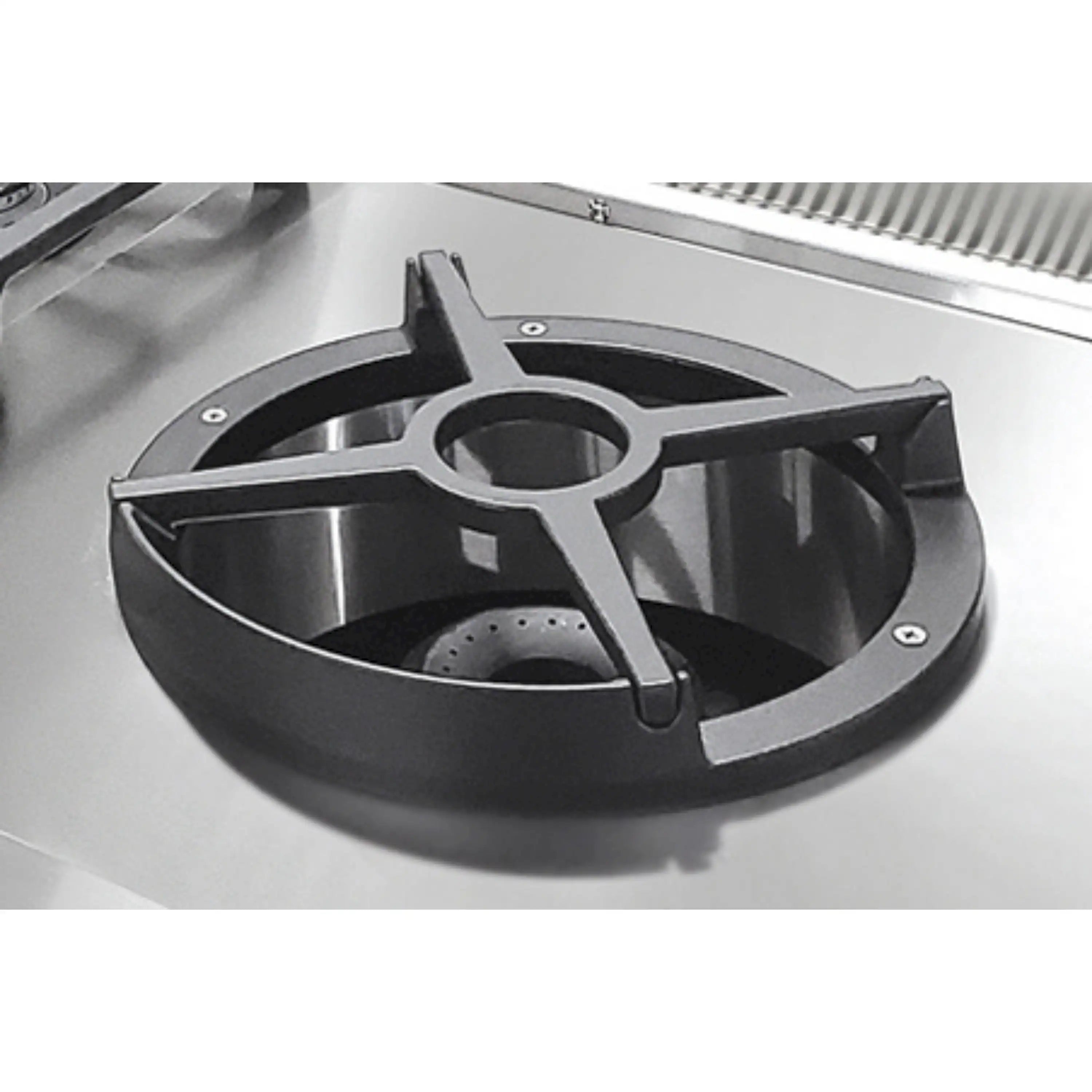 Black wok ring grate insert on a stainless gas rangetop burner