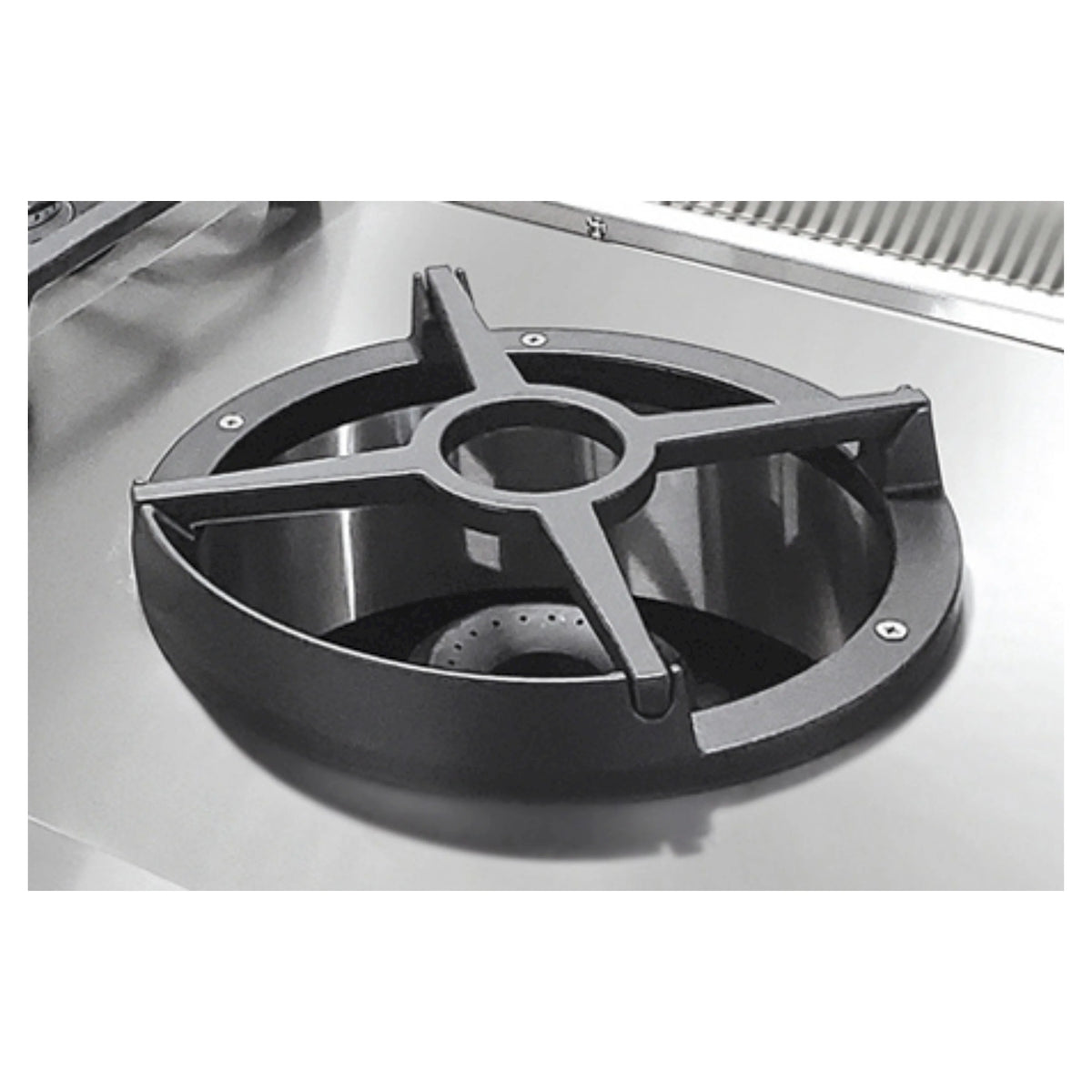 Black cast-iron burner grate and wok ring on stainless steel gas range