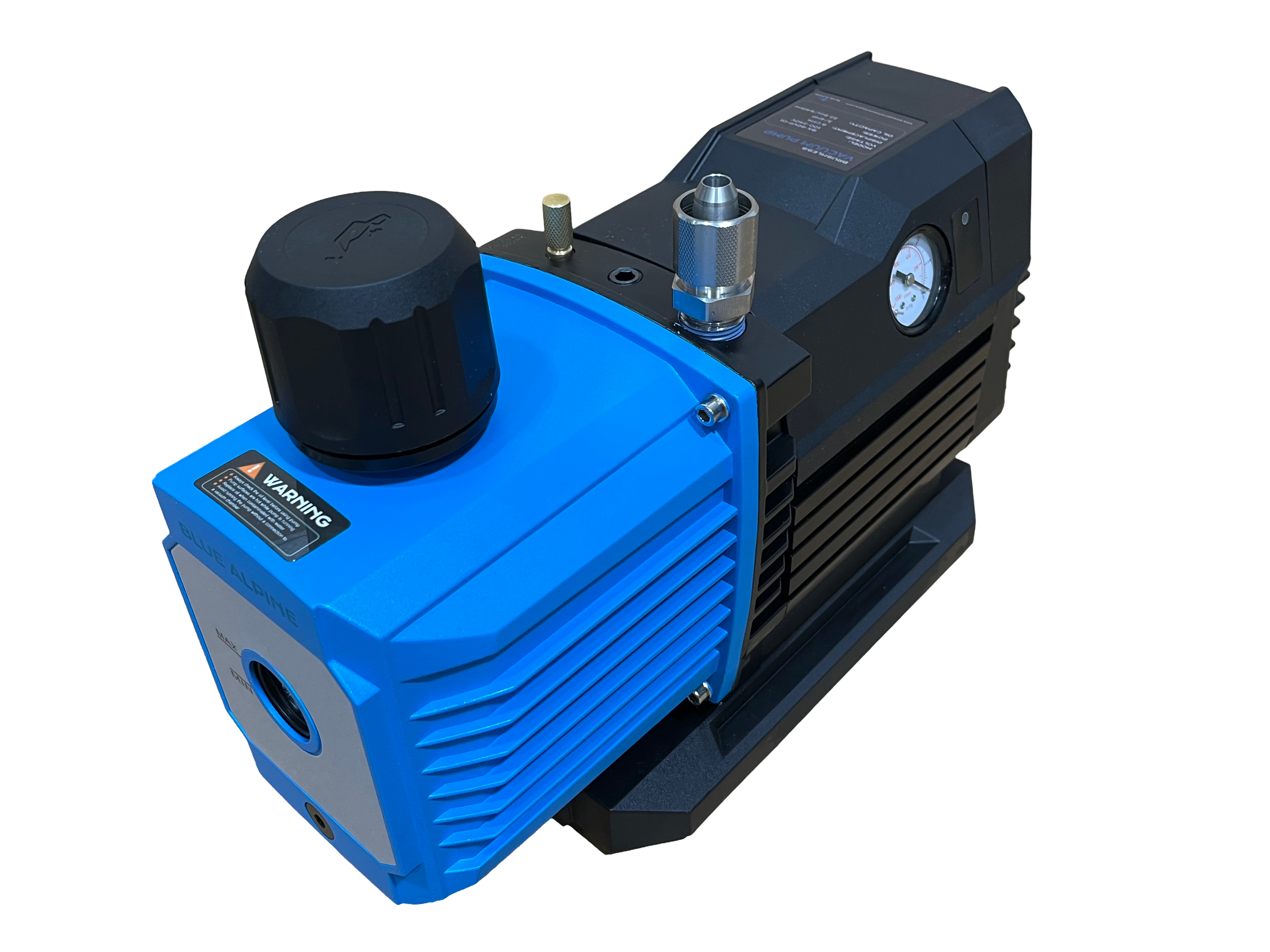 Blue vacuum pump unit with gauge and inlet fittings