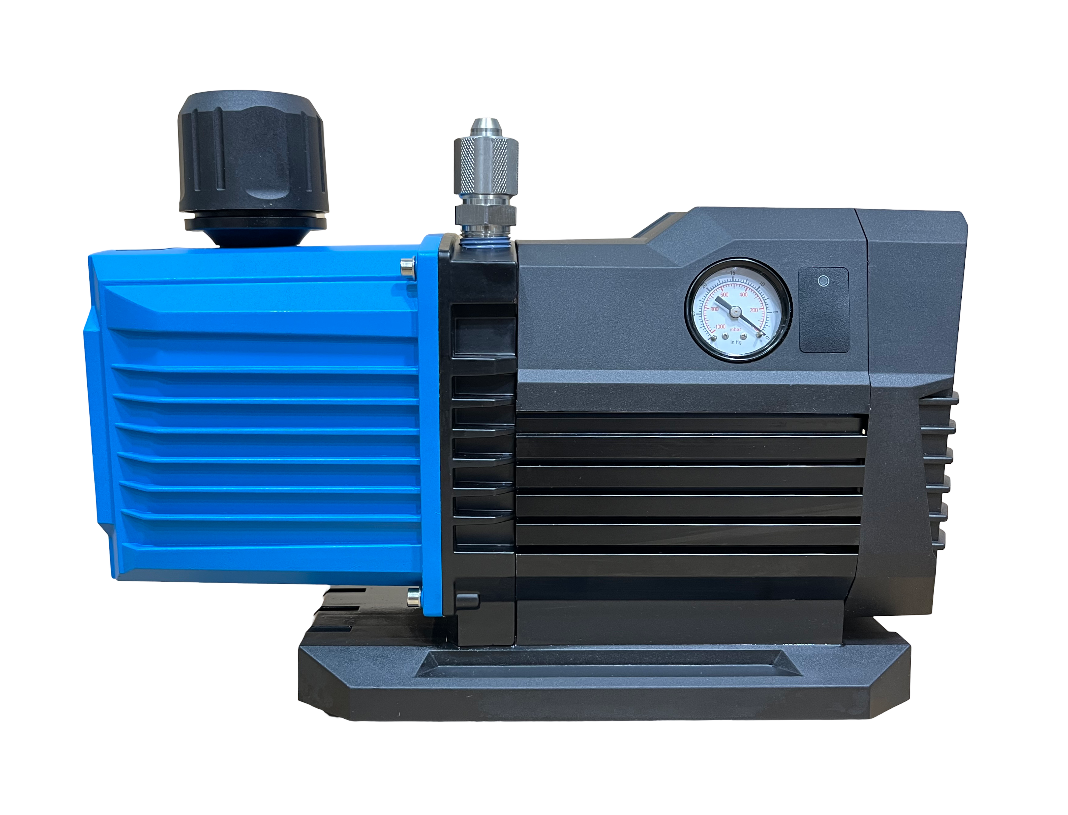 Blue vacuum pump with round gauge, inlet, and front vented panel