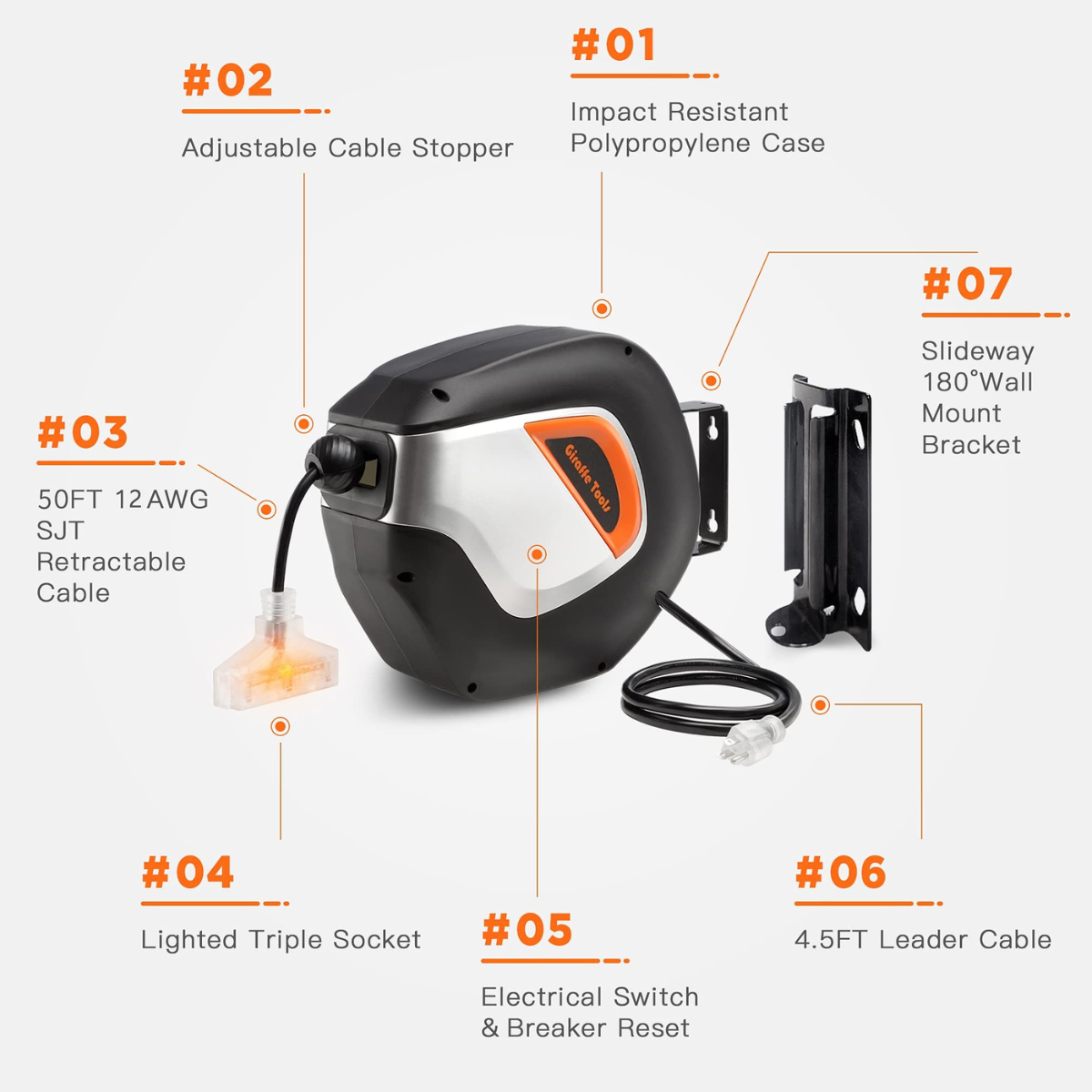Retractable extension cord reel parts diagram, black case with orange panel and included components.