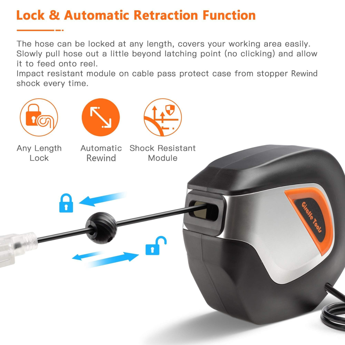 Retractable extension cord reel showing lock and retraction design area, black and orange label.