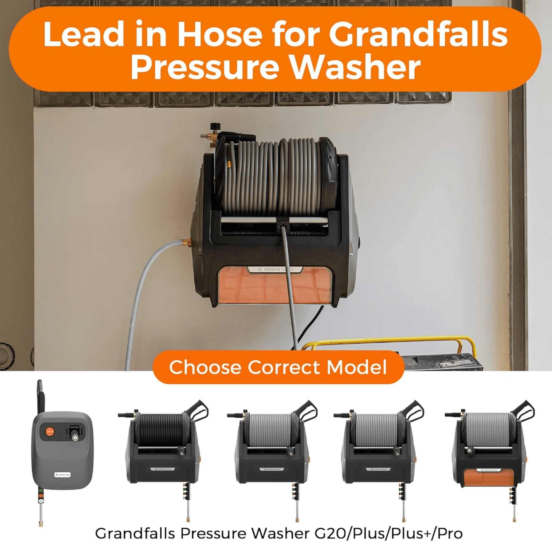 Grey leader hose for pressure washer with gold coupler ends connected to unit