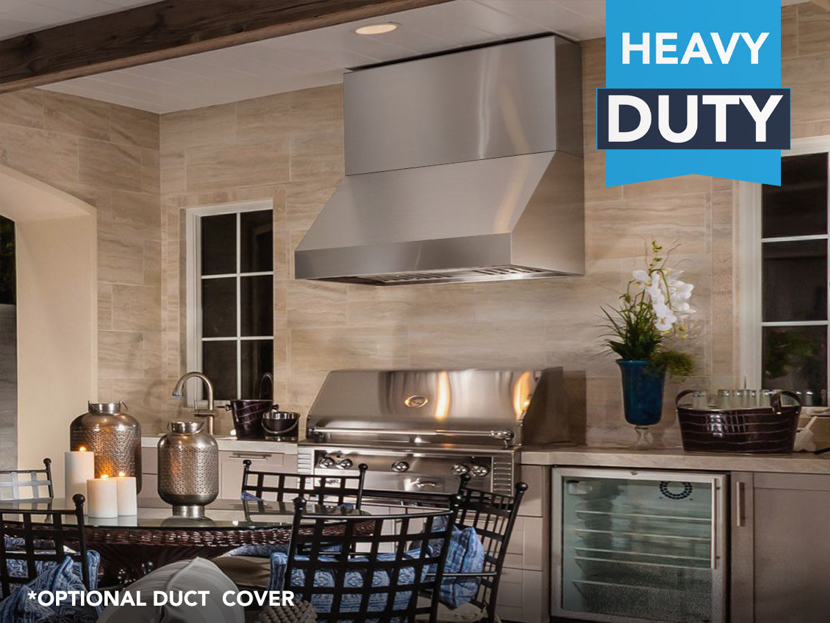 Stainless steel under-cabinet range hood with angled chimney cover and vent panels