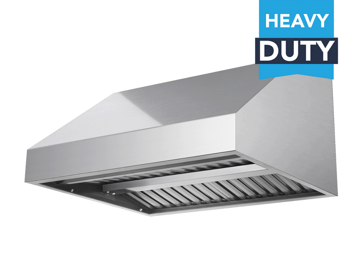 Stainless steel under-cabinet range hood with angled canopy and vent baffle