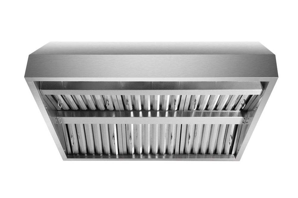 Stainless steel under-cabinet range hood underside with vent filter grille, front view