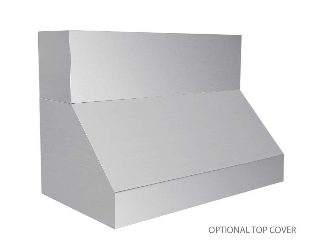 Stainless steel range hood with optional top cover, shown extended