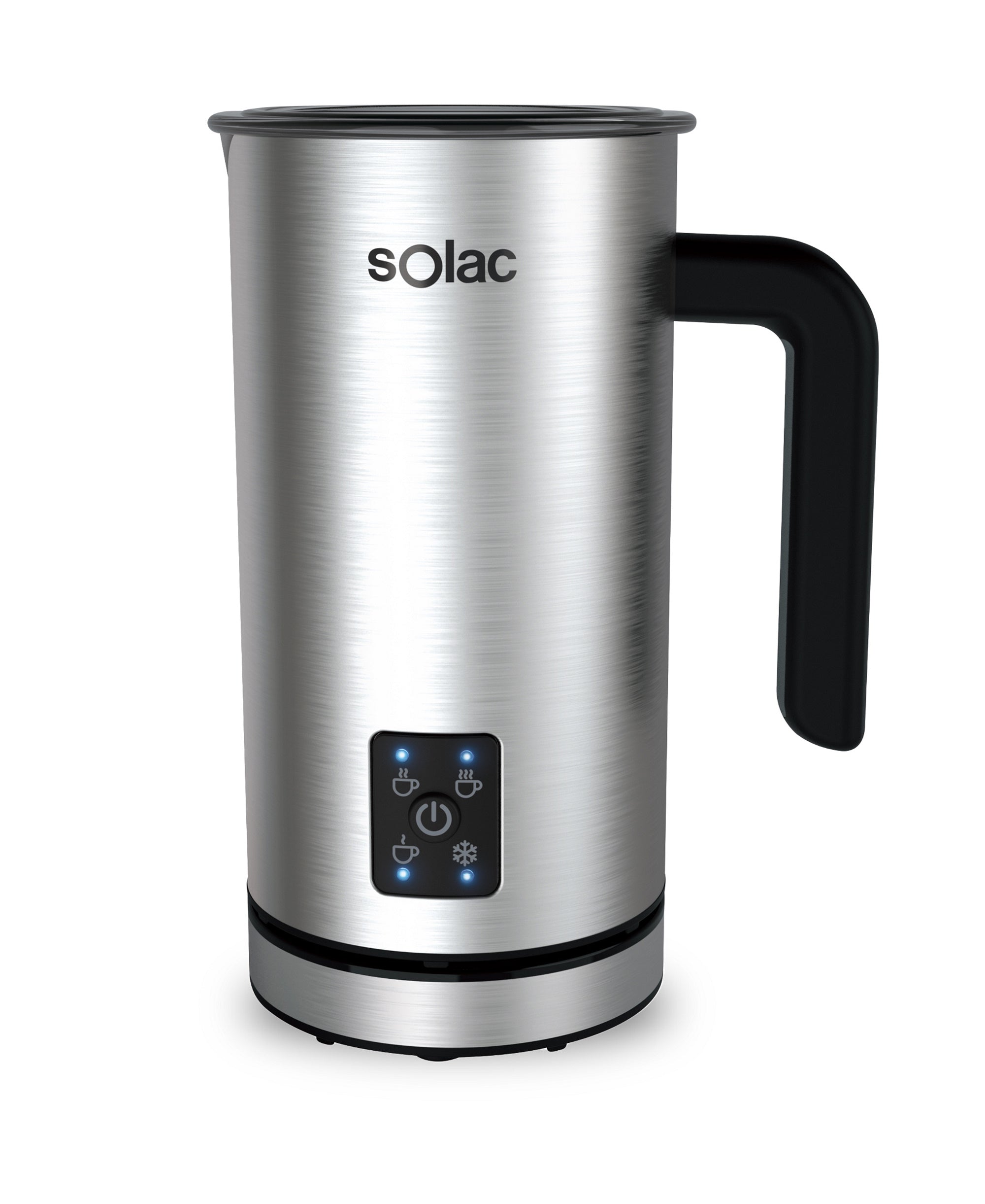 Stainless steel milk frother jug with black handle and illuminated touch control panel