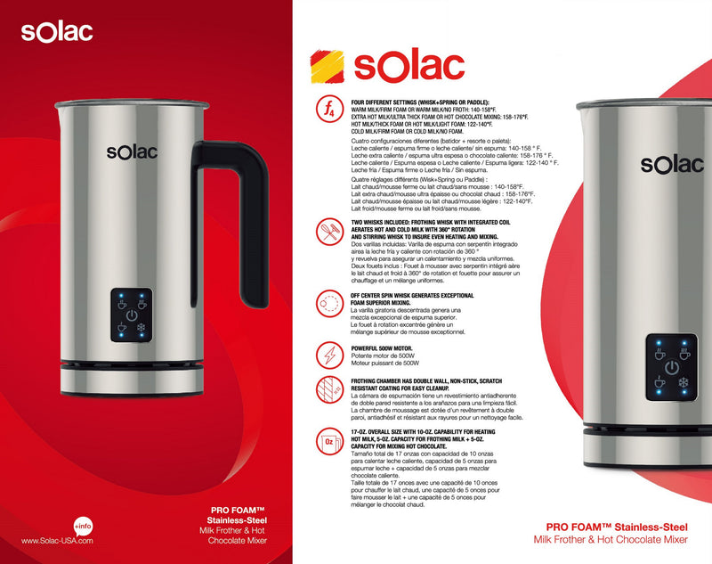 Solac Pro Foam Stainless Steel Milk Frother + Hot Chocolate Mixer (SPF500)